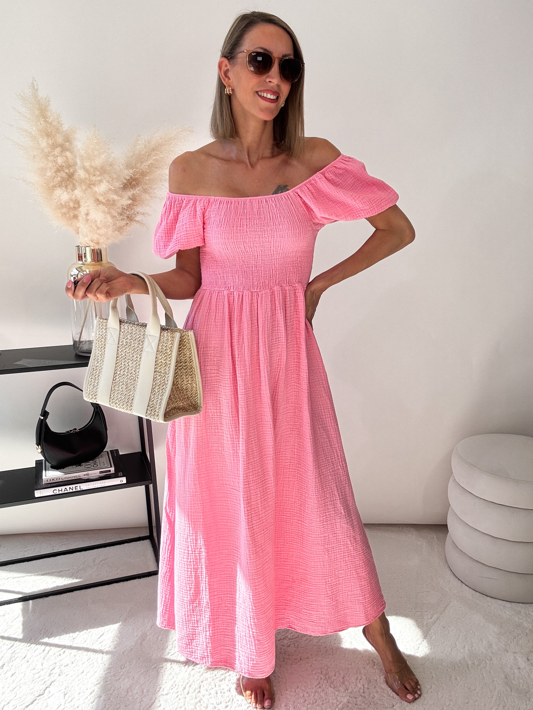 ,,Turino Waffel Dress" - Maxikleid aus Musselin - candy rose