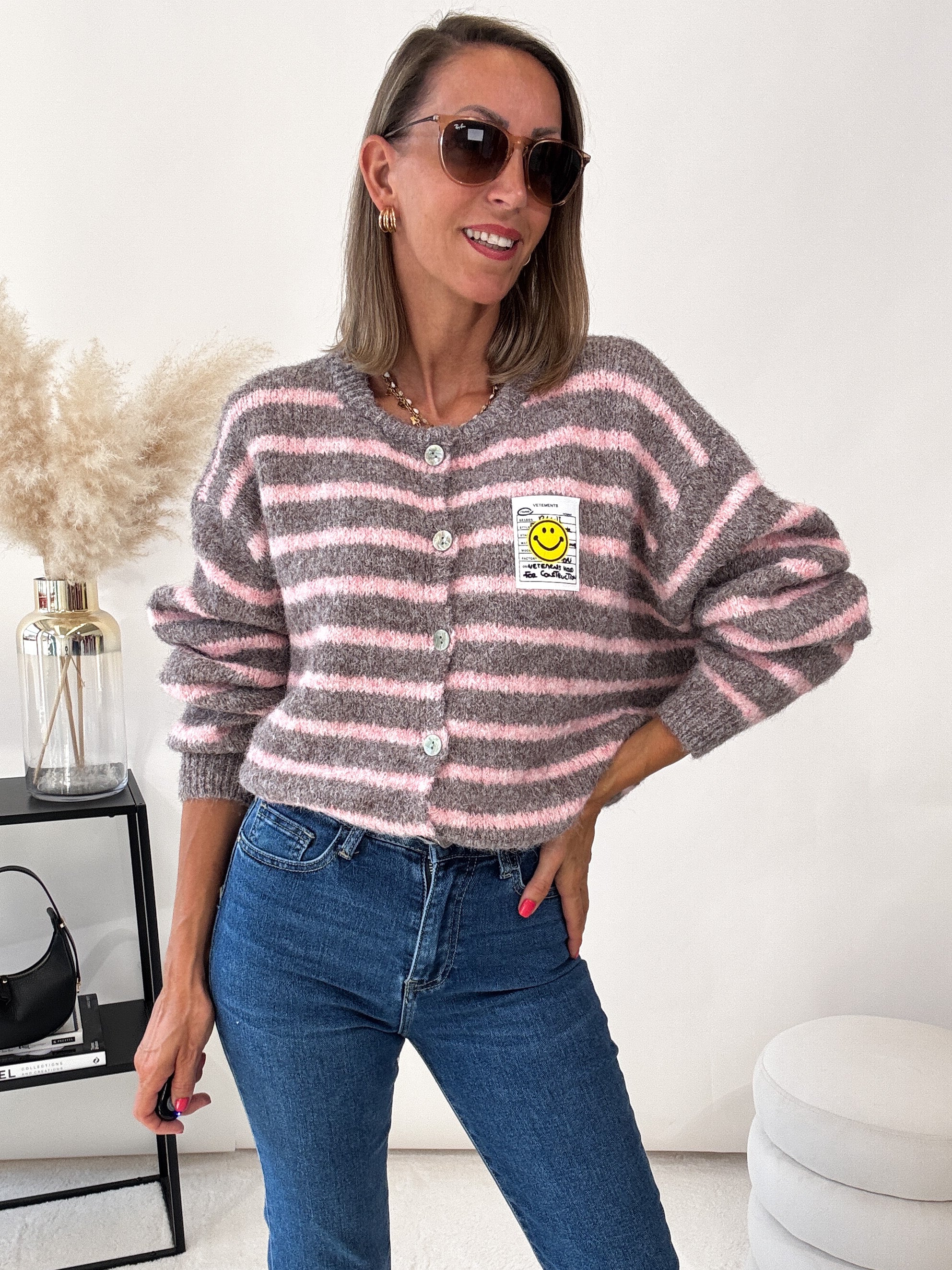 "Bari Stripes" kuscheliger Cardigan - grau/rosa