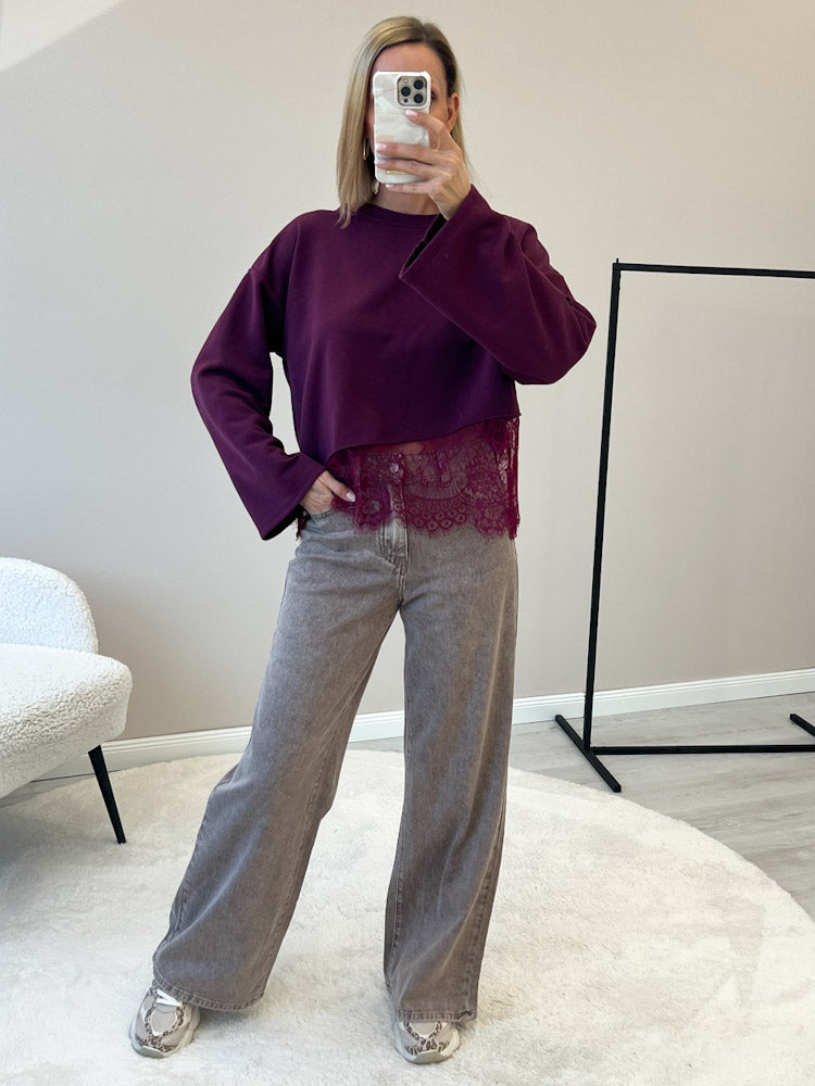 "Faro Lace" stylisches Sweatshirt mit Spitzendetails - plum