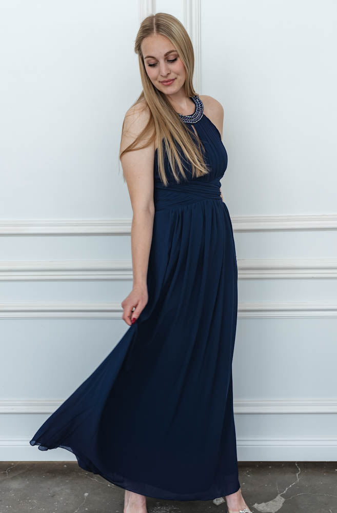 B-WARE: Langes elegantes Abendkleid - marineblau (Größe S)