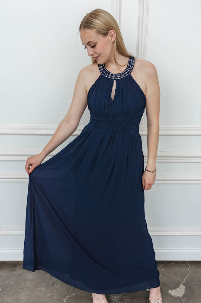 B-WARE: Langes elegantes Abendkleid - marineblau (Größe S)