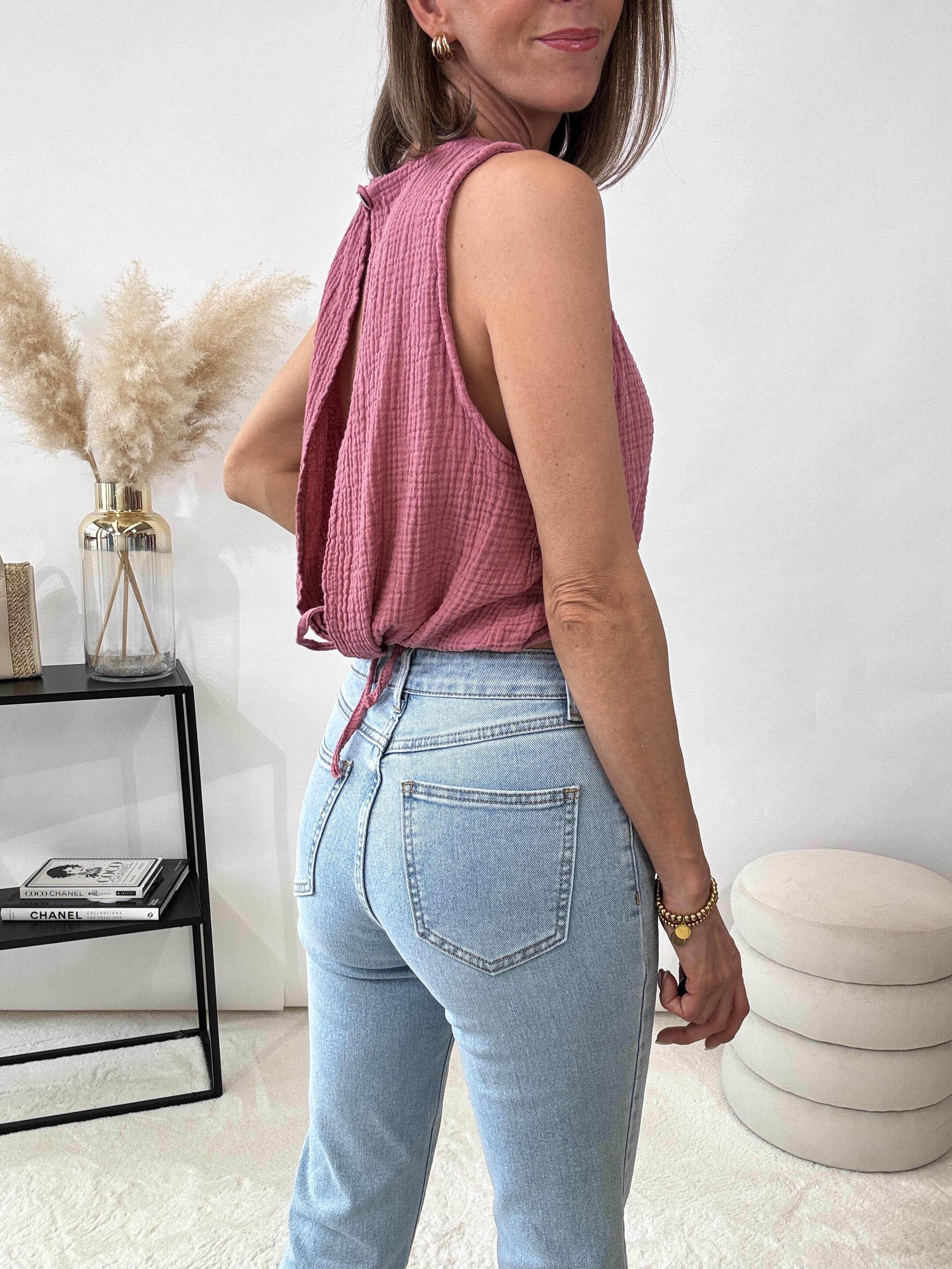 "Waffle Top" mit offener Rückseite aus Musselin - altrosa