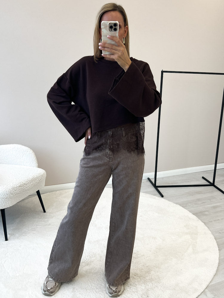 "Faro Lace" stylisches Sweatshirt mit Spitzendetails - chocobraun