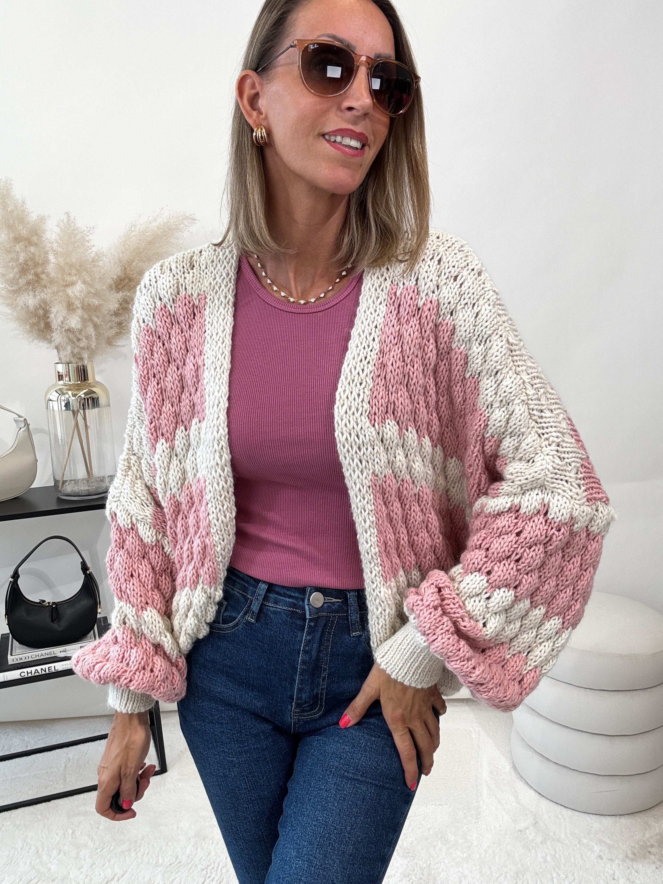 "Harmony" kuscheliger Cardigan - creme/rosa