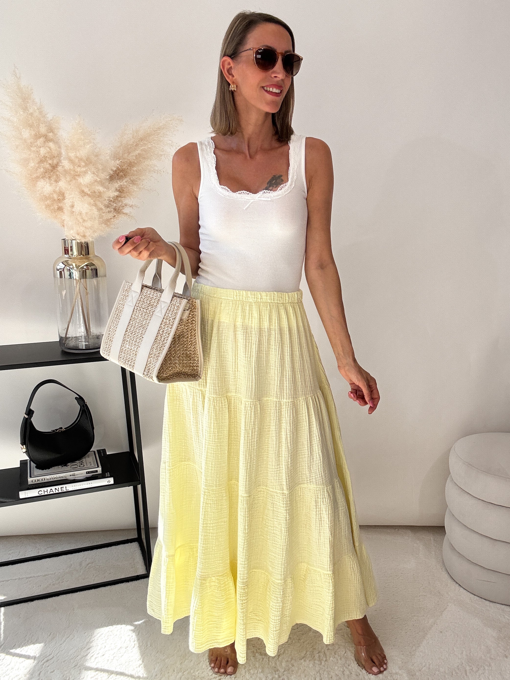 "Waffle Skirt" langer Rock aus Baumwolle (Musselin) - lemon ice