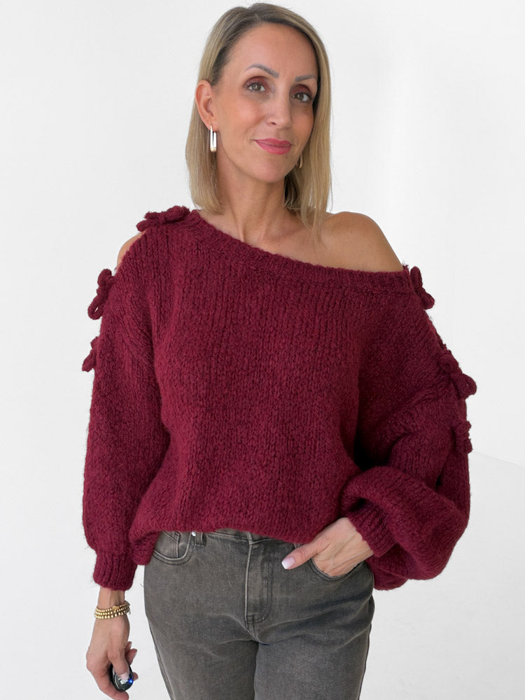 "Soft Bow" weicher Pullover mit Schleifen aus Wolle & Viskose - bordeaux