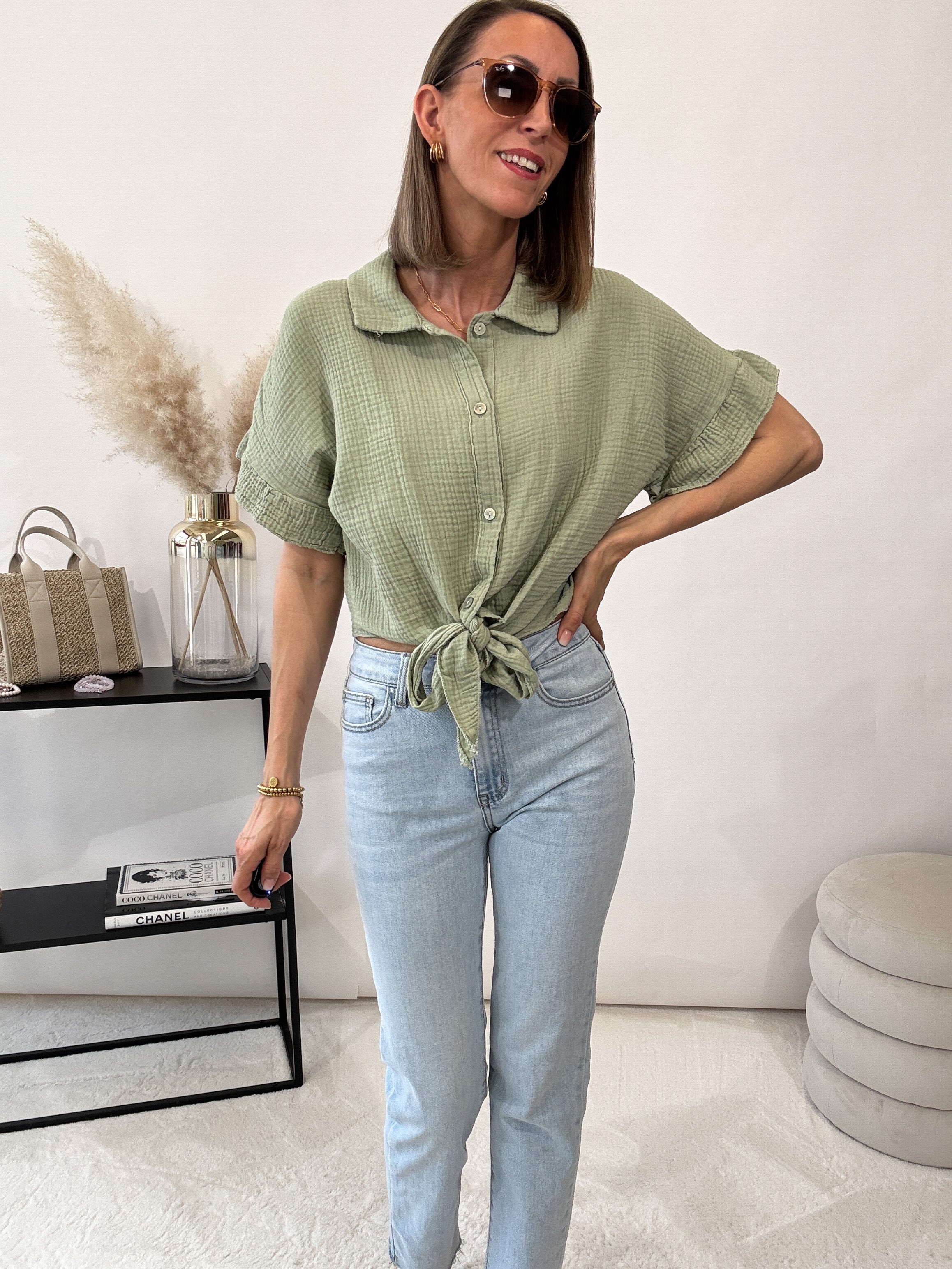 "Musselin" kurze Bluse aus Baumwolle - matcha green
