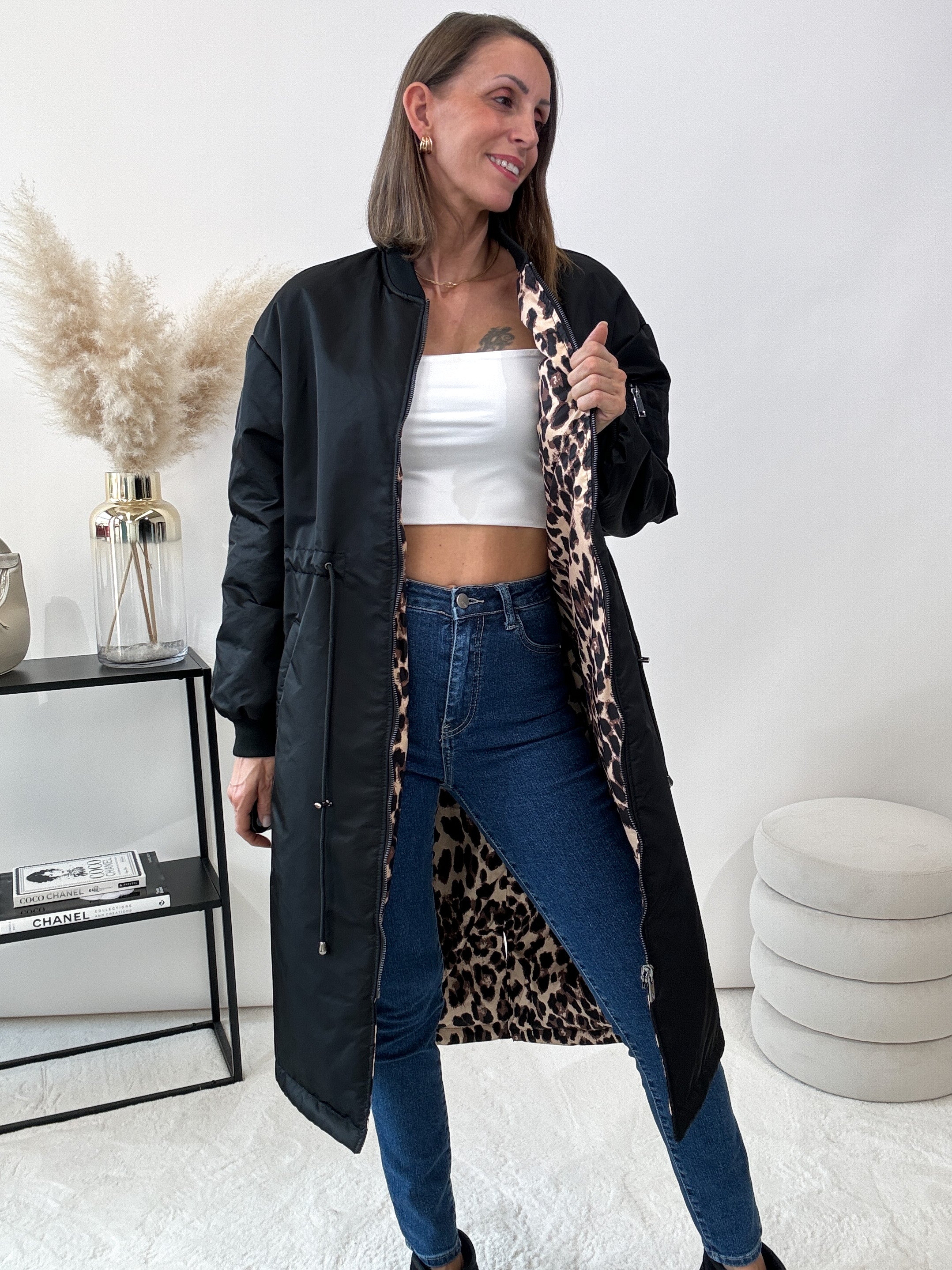 "Pari Reversible" langer Wende-Bombermantel Leo - schwarz