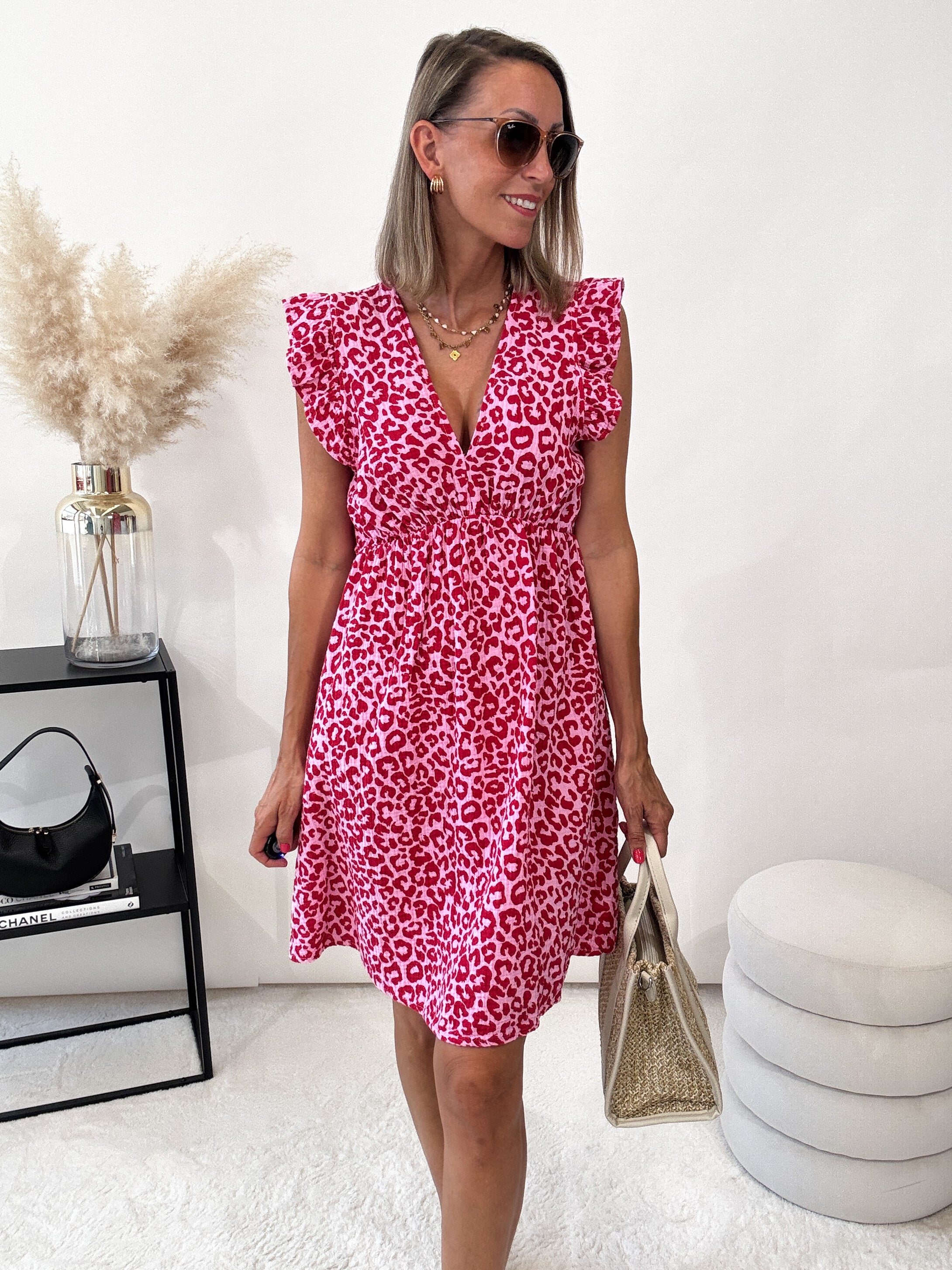 ,,Pianosa Midi"- Leo Midikleid aus Musselin - rosa/rot