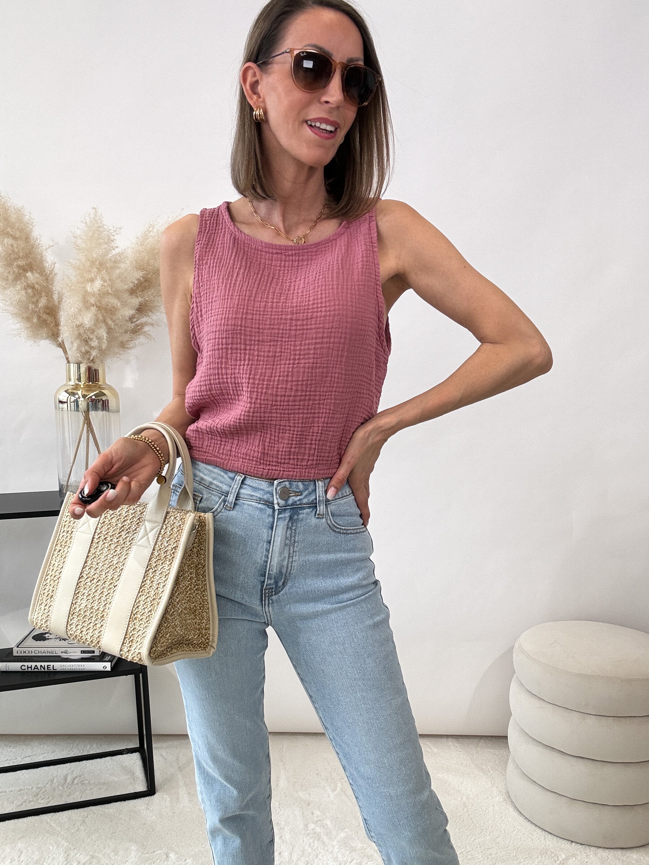 "Waffle Top" mit offener Rückseite aus Musselin - altrosa