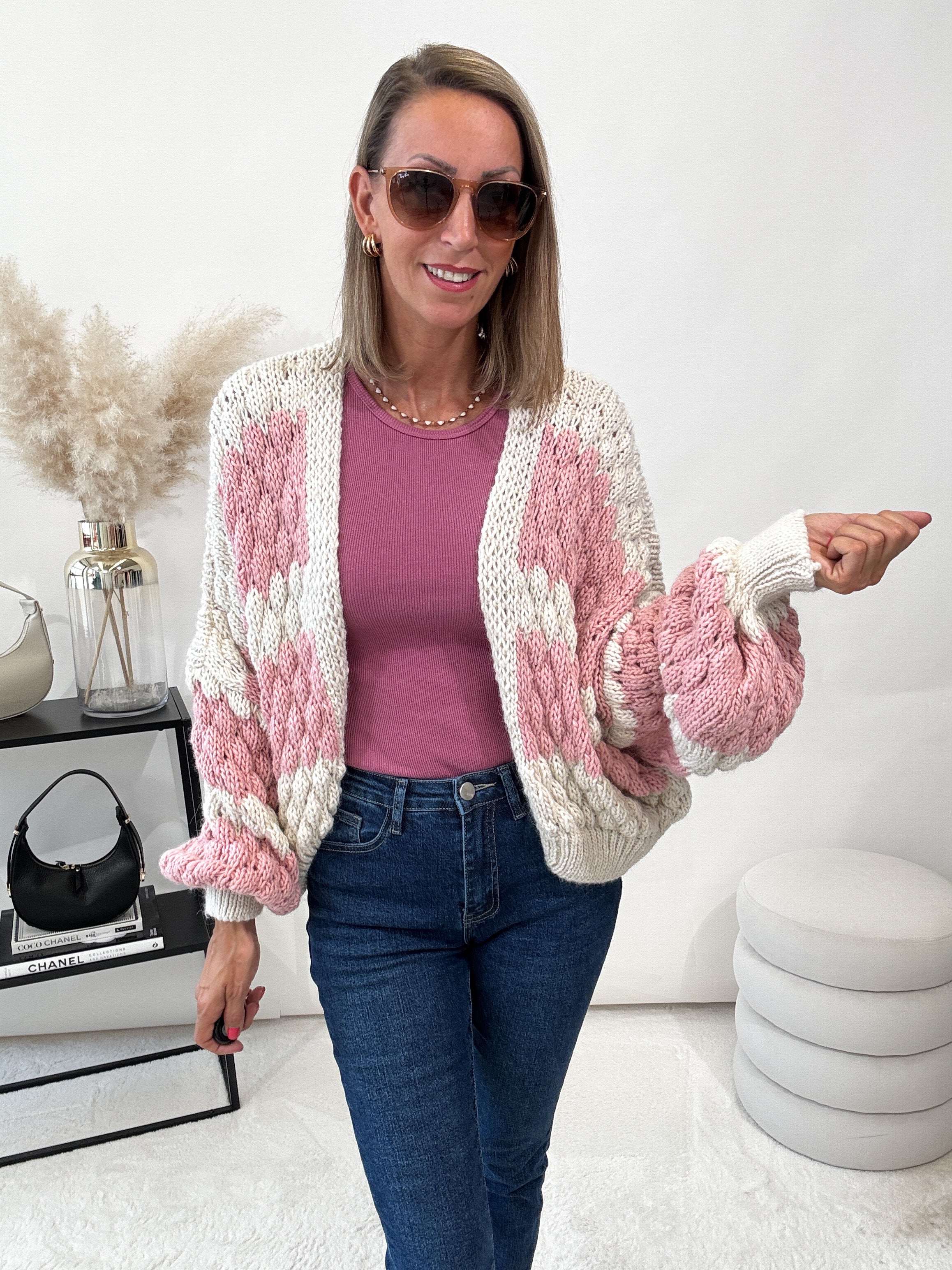 "Harmony" kuscheliger Cardigan - creme/rosa