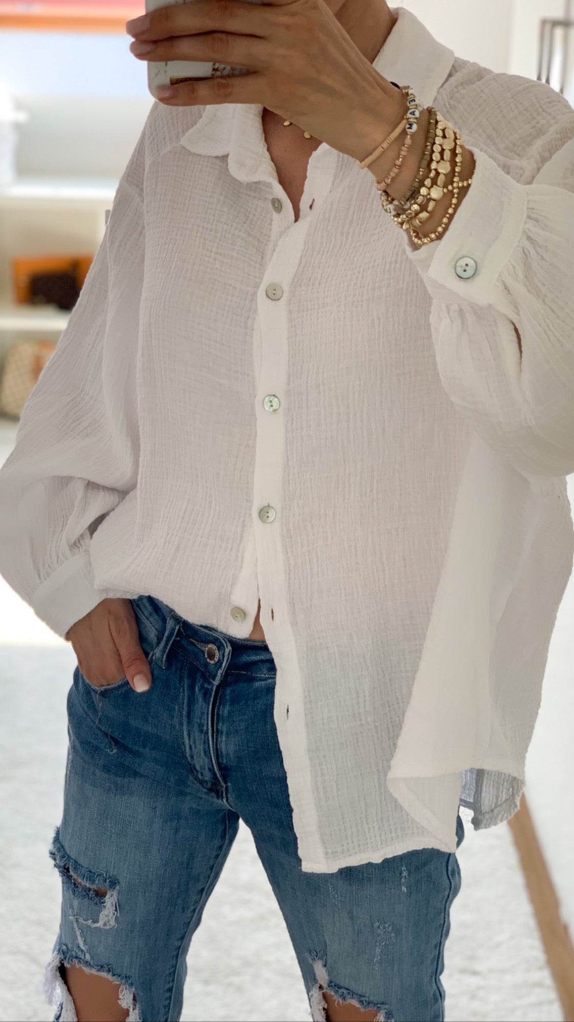 "Waffle Midi" kurze Bluse aus Baumwolle (Musselin)- weiss