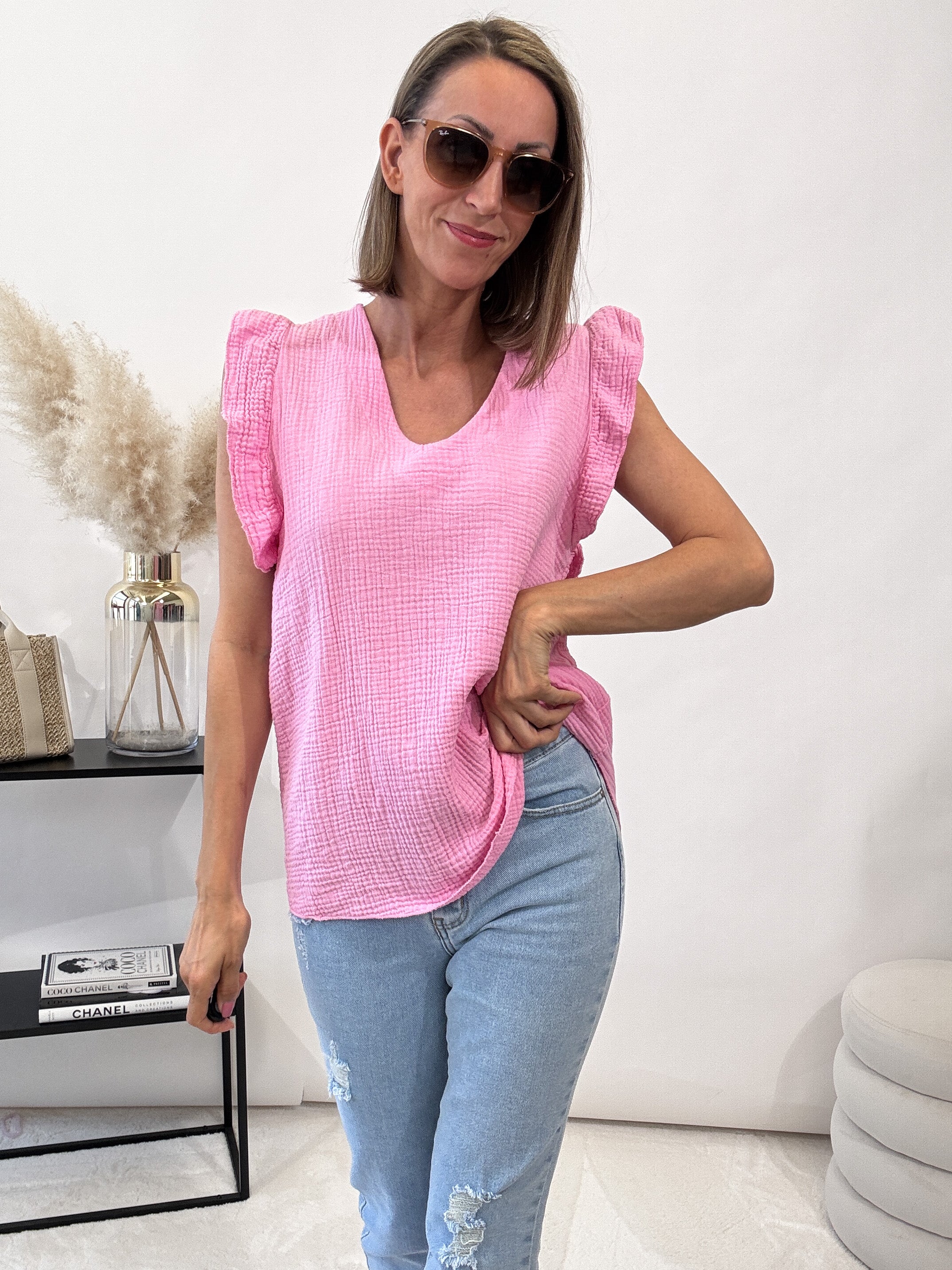 "Waffel" Musselin Top aus Baumwolle -candy rose