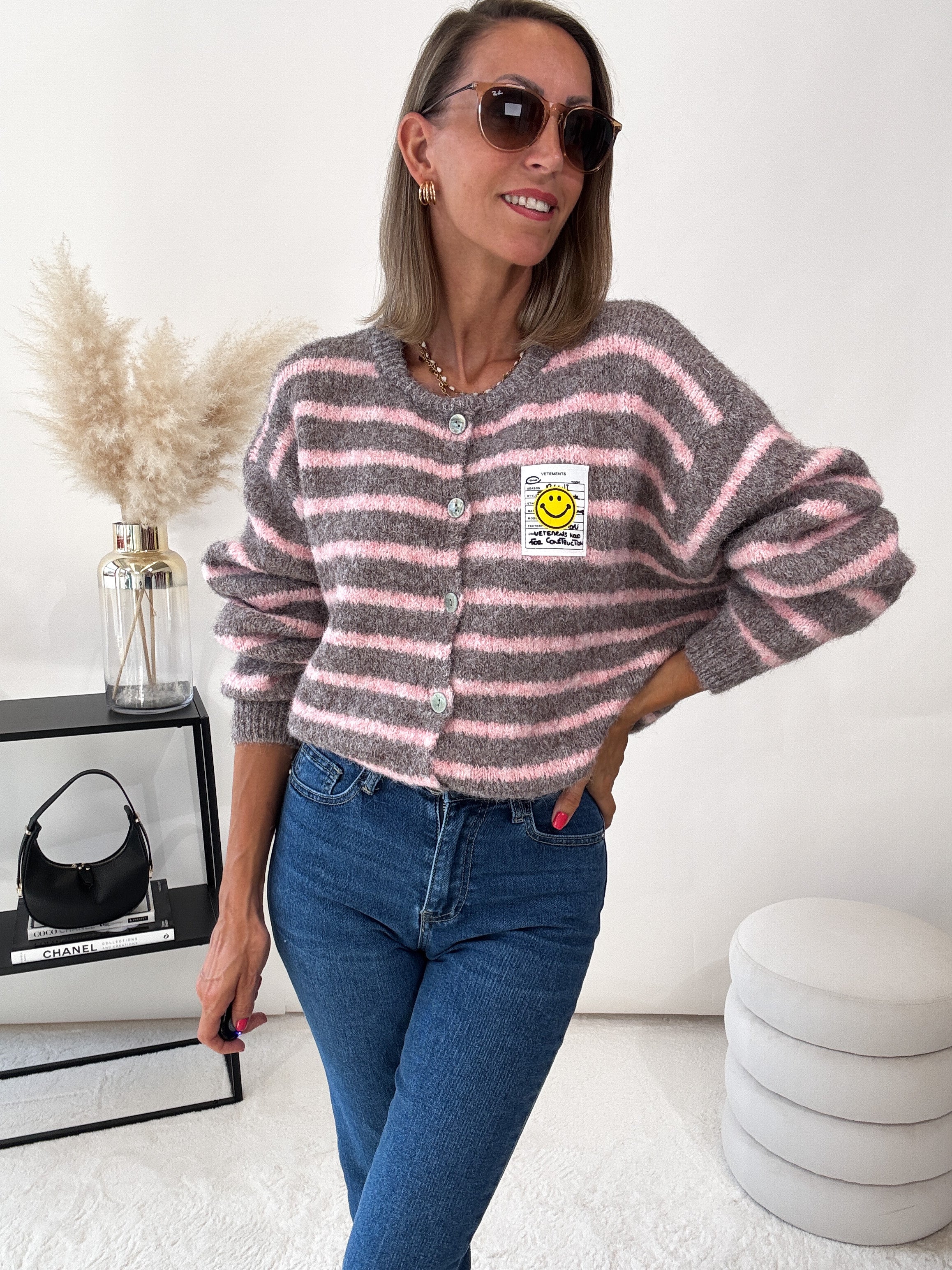 "Bari Stripes" kuscheliger Cardigan - grau/rosa