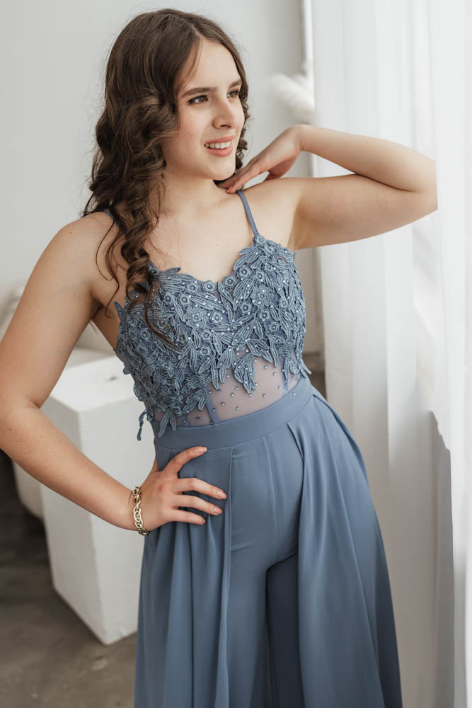 Langes elegantes Hosenkleid - blau