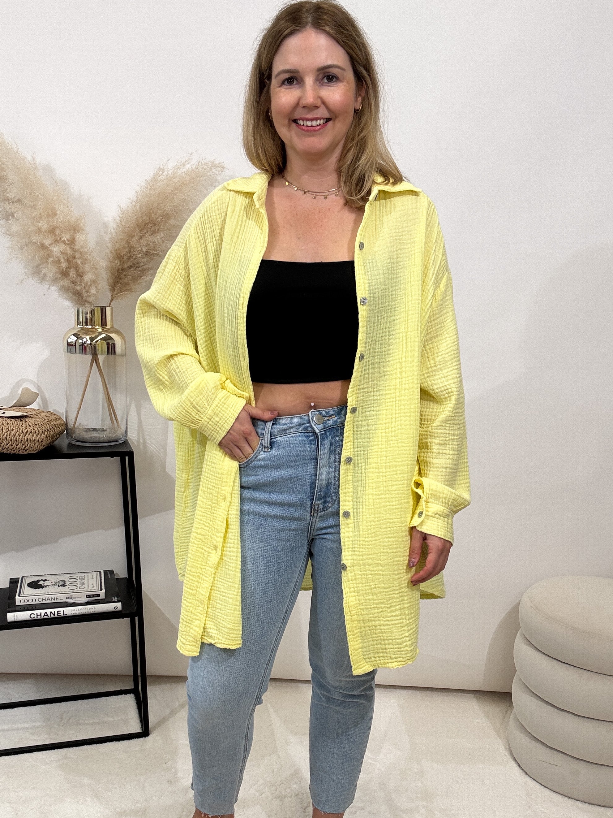 "Waffle Long" lange Bluse aus Baumwolle (Musselin)- gelb