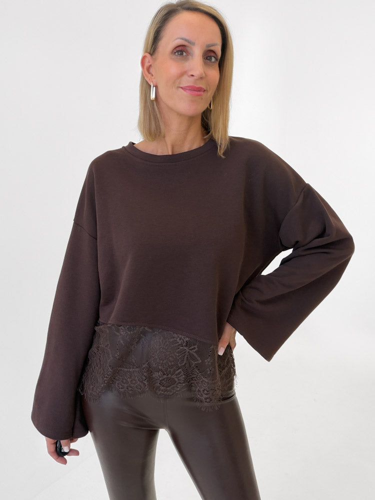 "Faro Lace" stylisches Sweatshirt mit Spitzendetails - chocobraun
