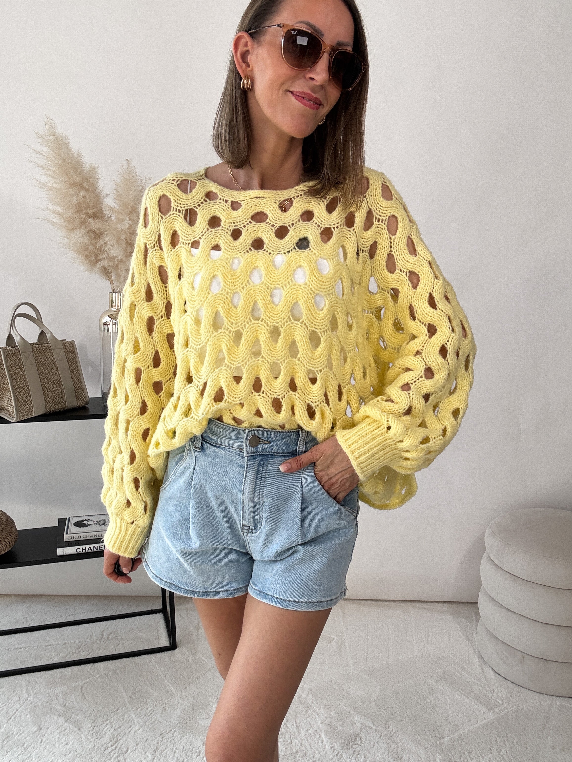 "Ibiza" Boho-Strickpullover mit Lochmuster- gelb