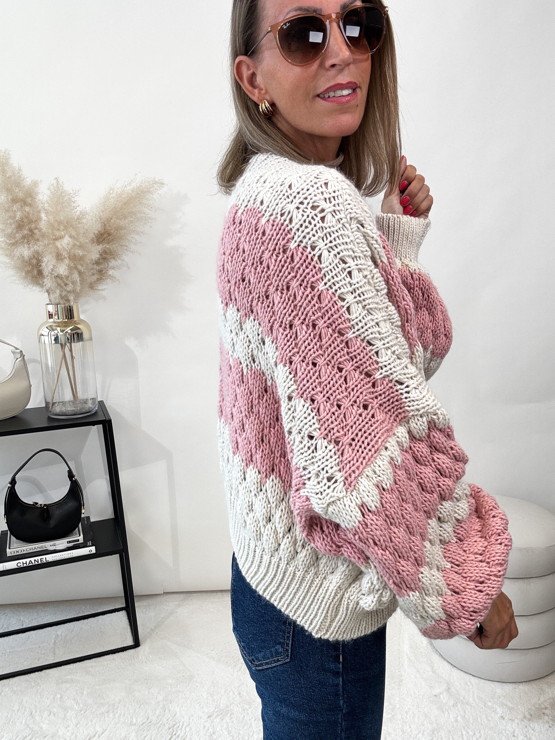 "Harmony" kuscheliger Cardigan - creme/rosa