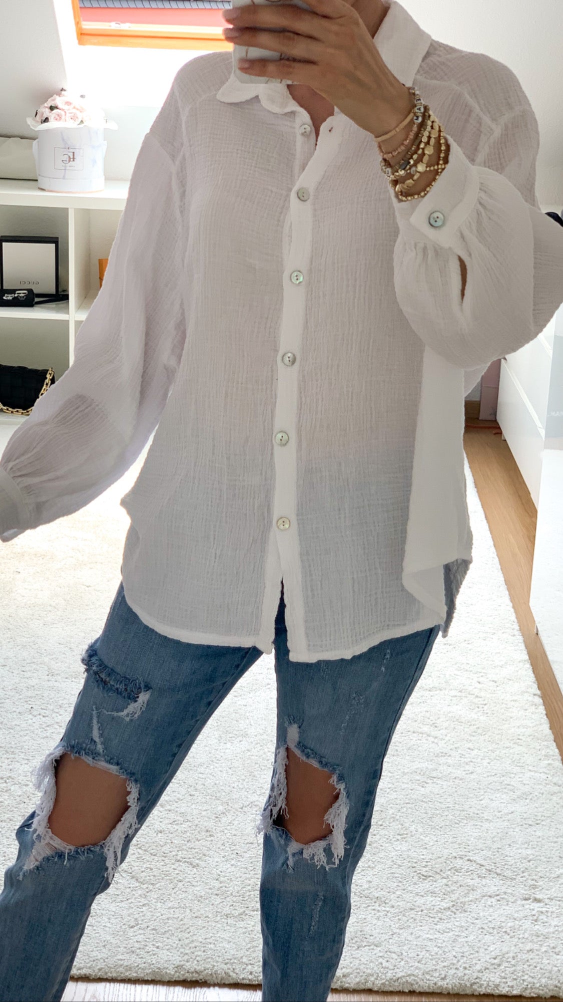 "Waffle Midi" kurze Bluse aus Baumwolle (Musselin)- weiss