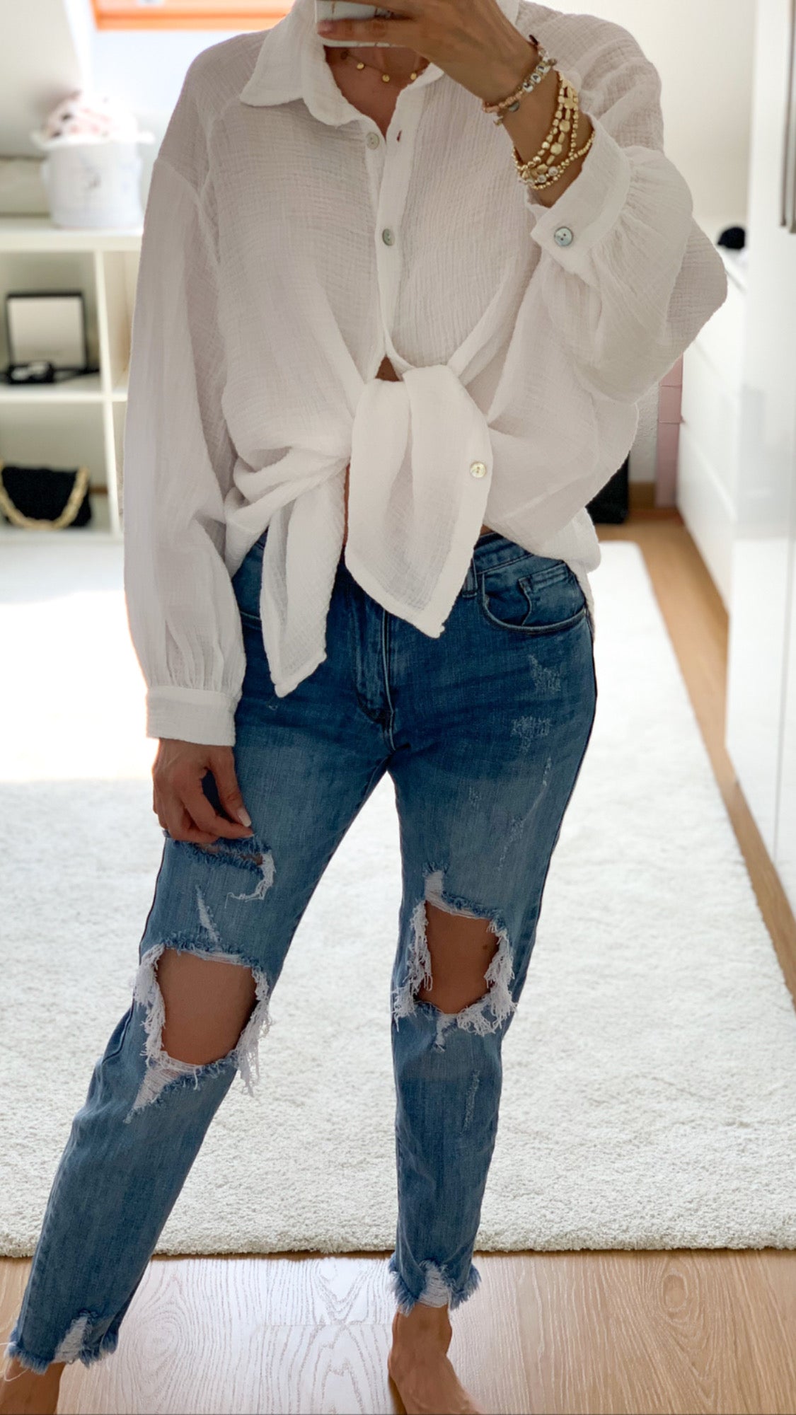 "Waffle Midi" kurze Bluse aus Baumwolle (Musselin)- weiss