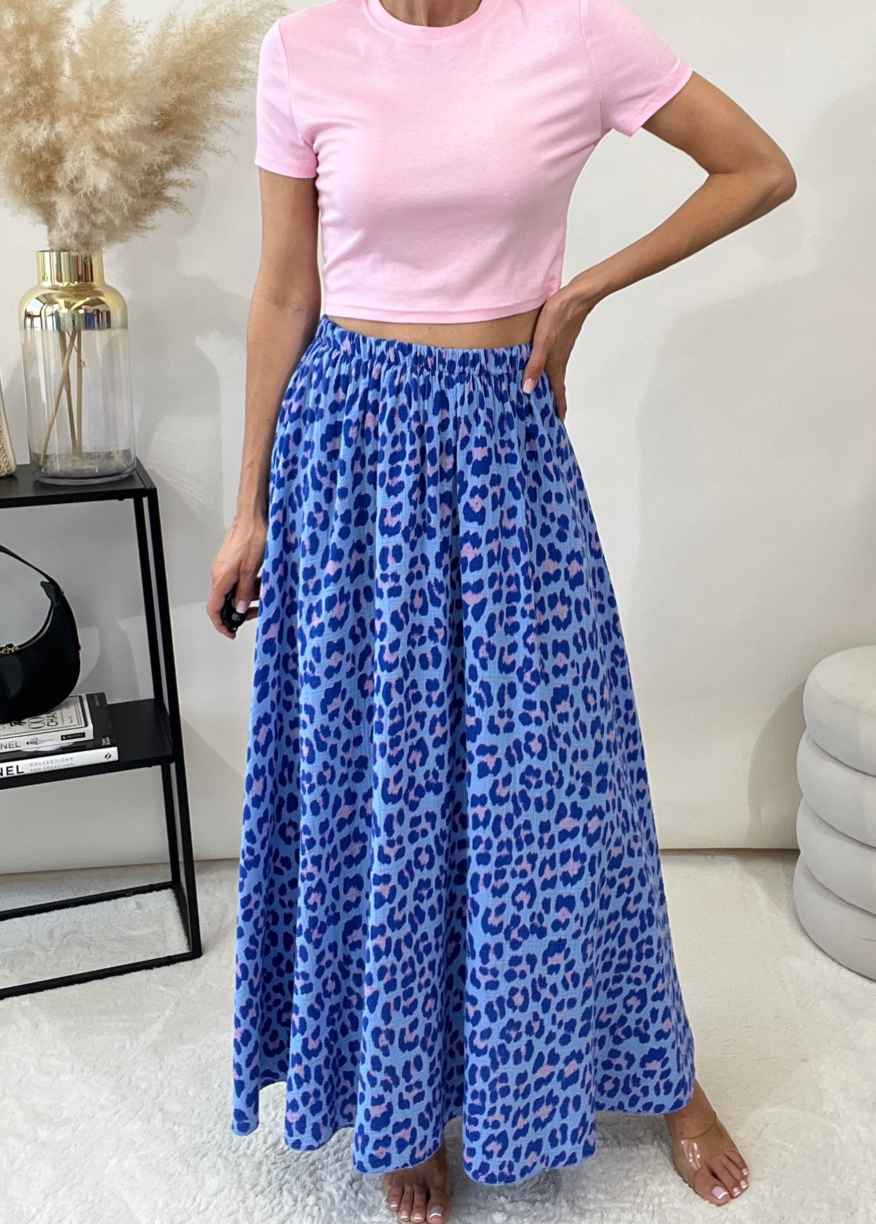 "Waffle Leo Skirt" langer Rock aus Baumwolle (Musselin) - blau