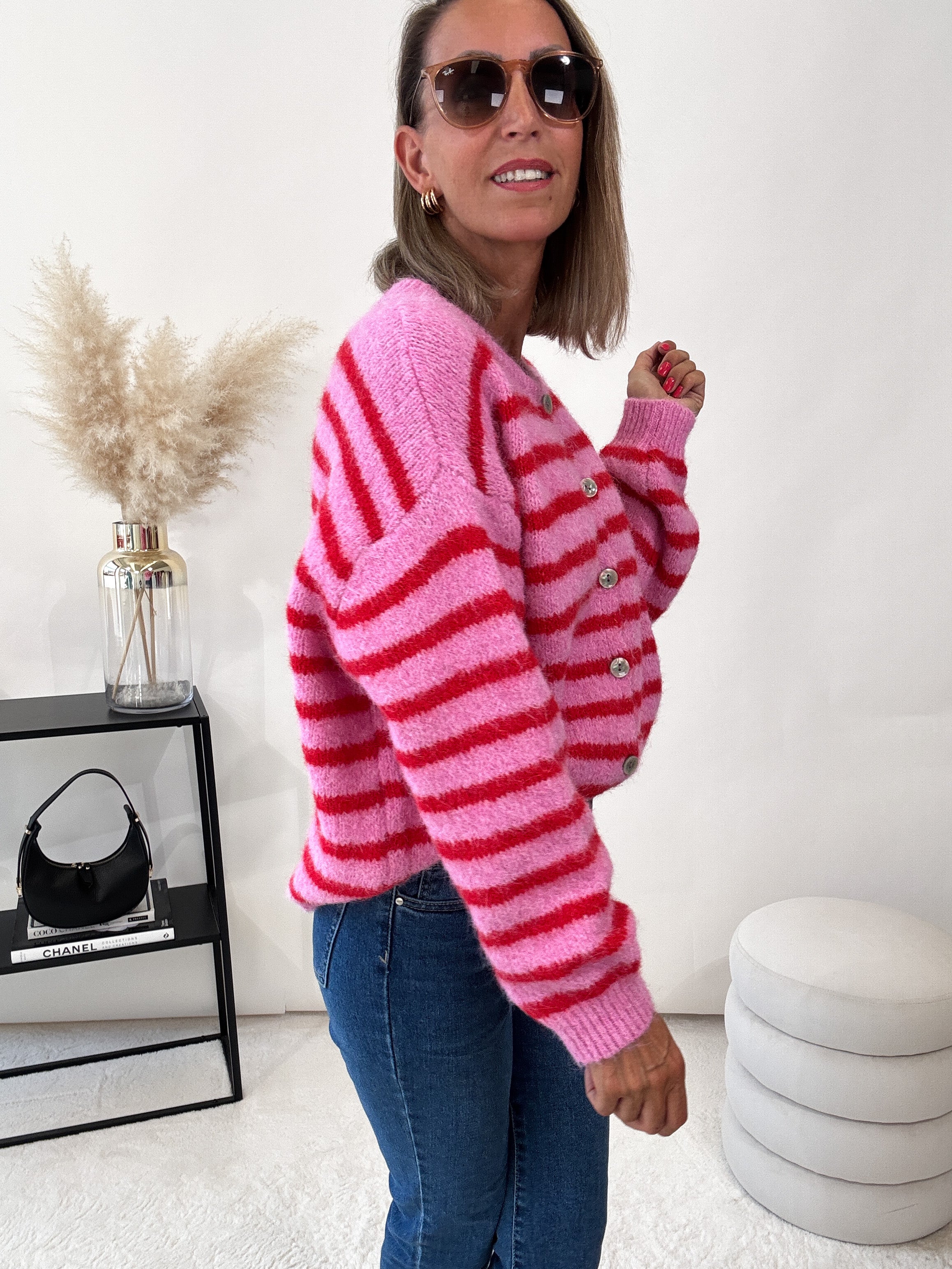 "Bari Stripes" kuscheliger Cardigan - rosa/rot