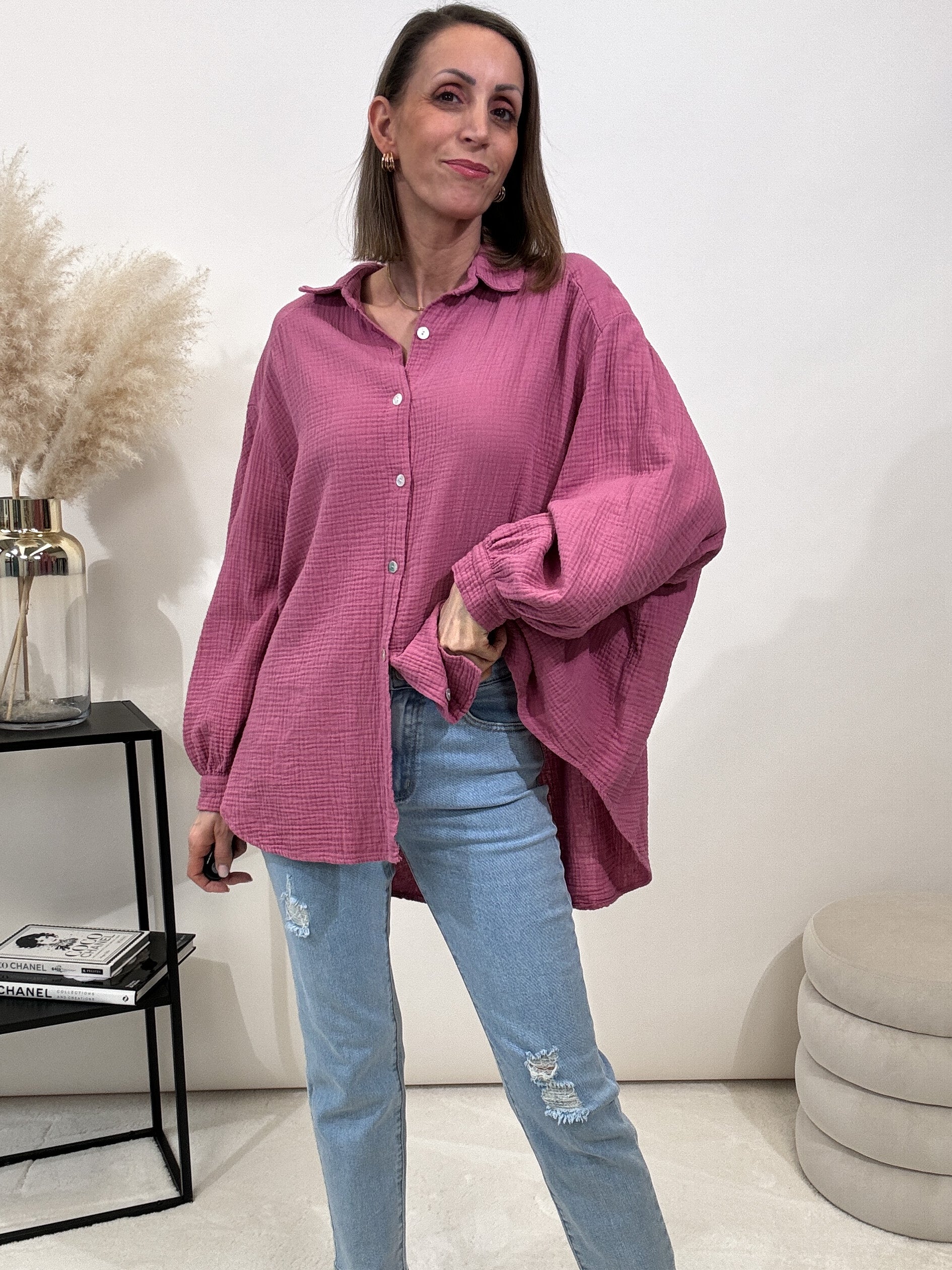 "Waffle Midi" kurze Bluse aus Baumwolle (Musselin)- berry