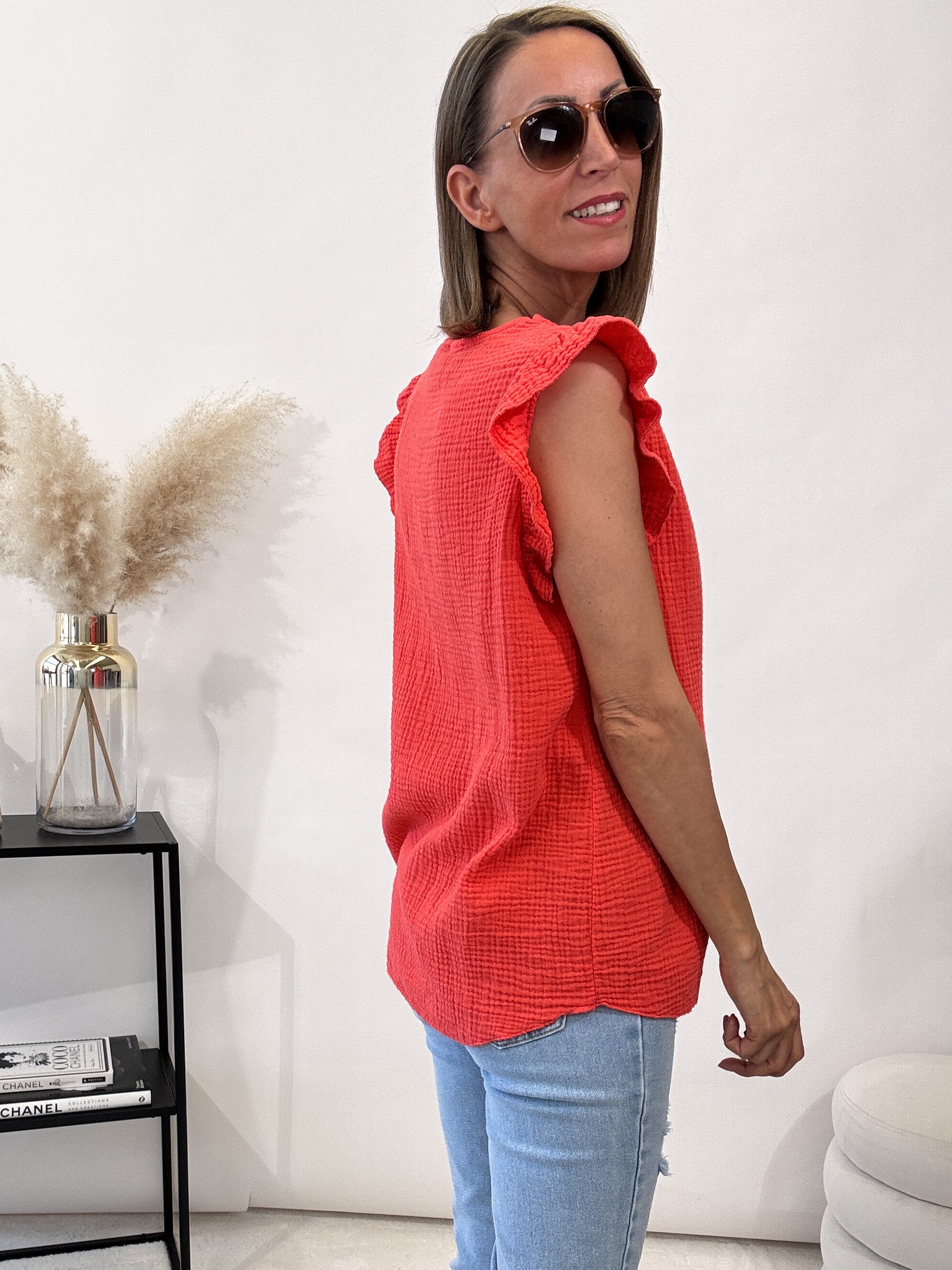 "Waffel" Musselin Top aus Baumwolle - coral