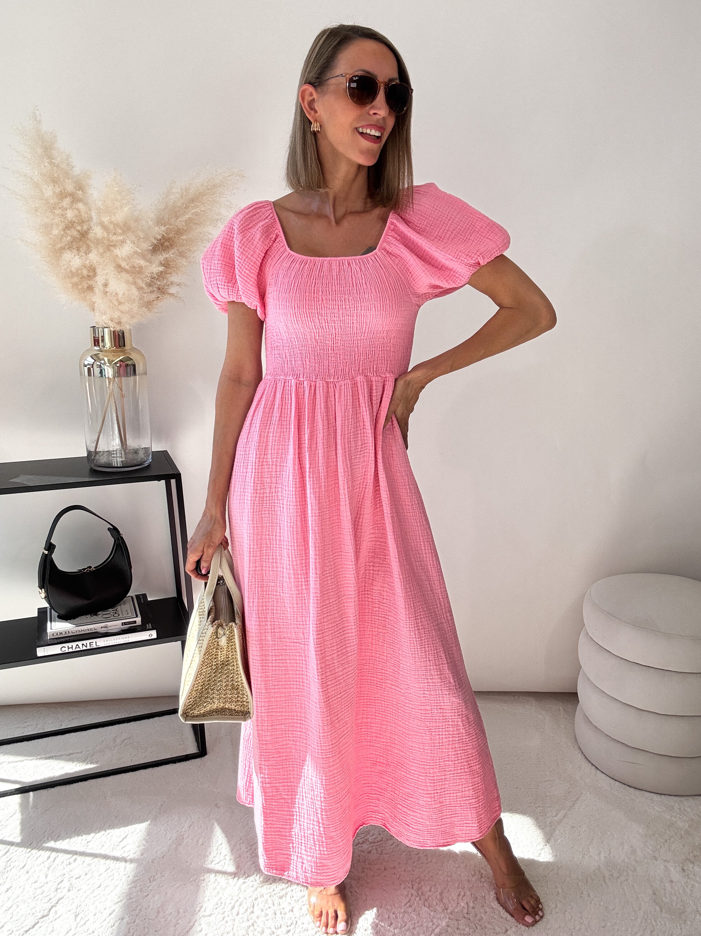 ,,Turino Waffel Dress" - Maxikleid aus Musselin - candy rose
