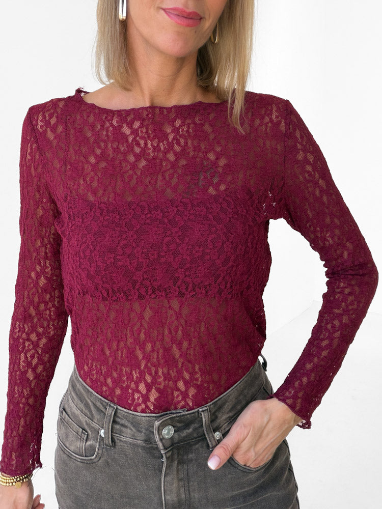 "Feral Lace 2.0" Shirt aus weicher Spitze - bordeaux