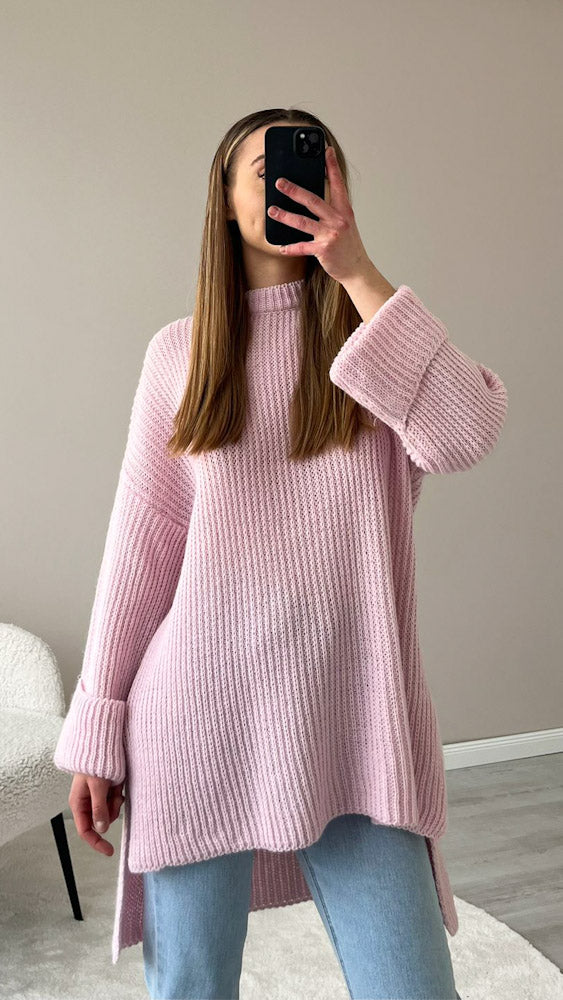 Strickpullover mit Schlitz - hellrosa