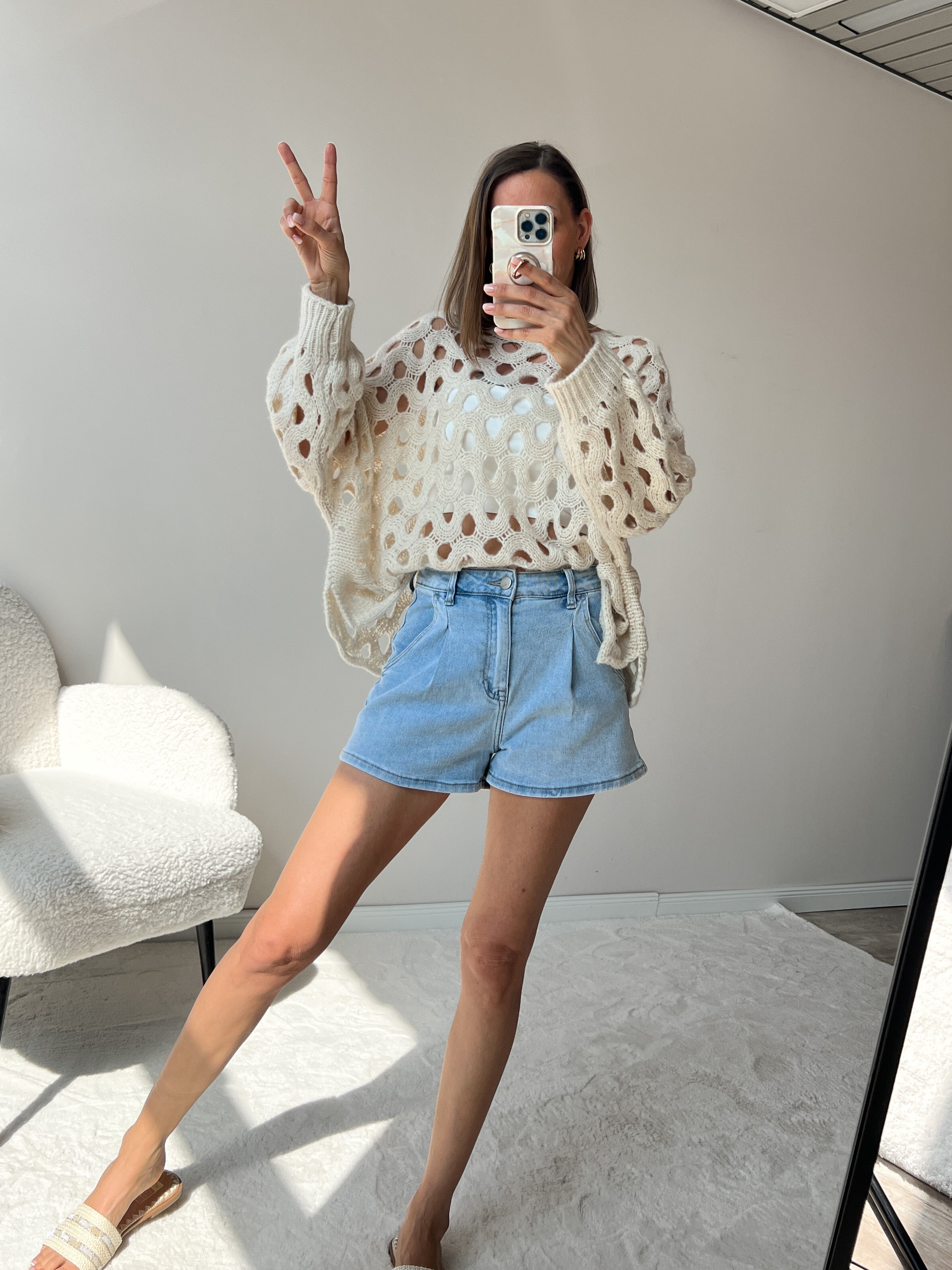 "Ibiza" Boho-Strickpullover mit Lochmuster- beige