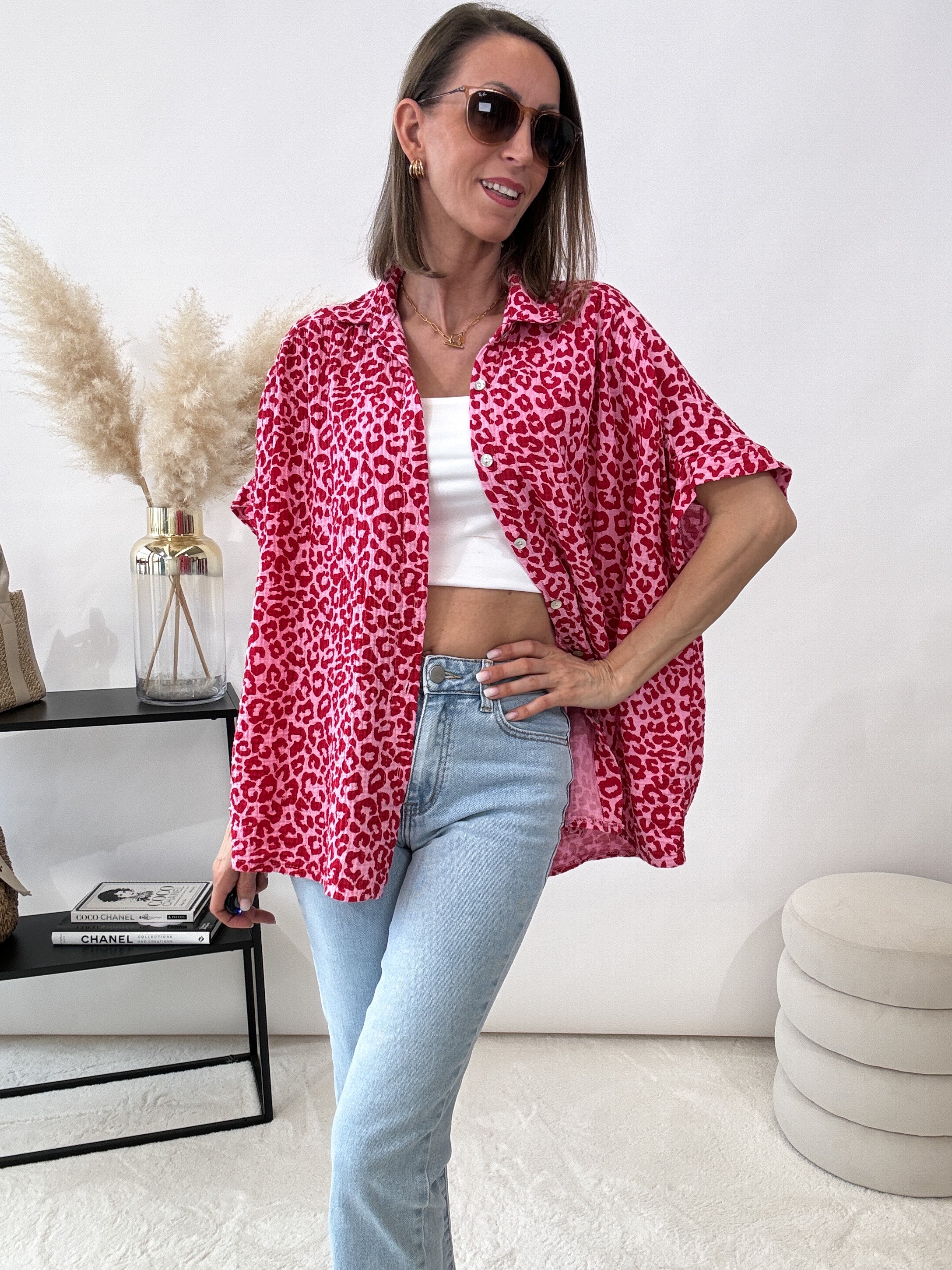 "Waffle Leo Midi Summer" Bluse aus Musselin - pink/rot