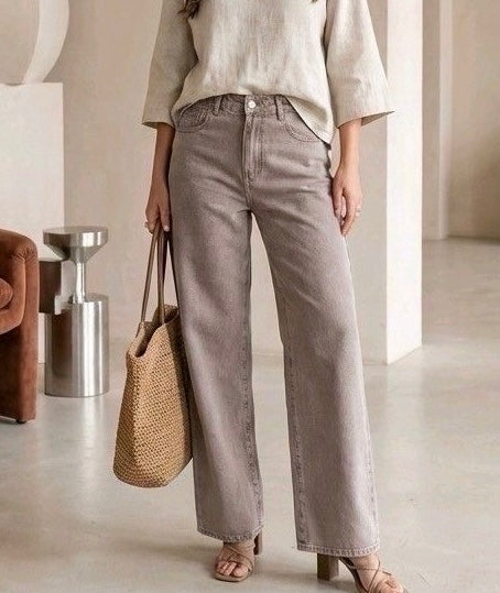 "Mousse" Wide Leg Jeans - washing mocca