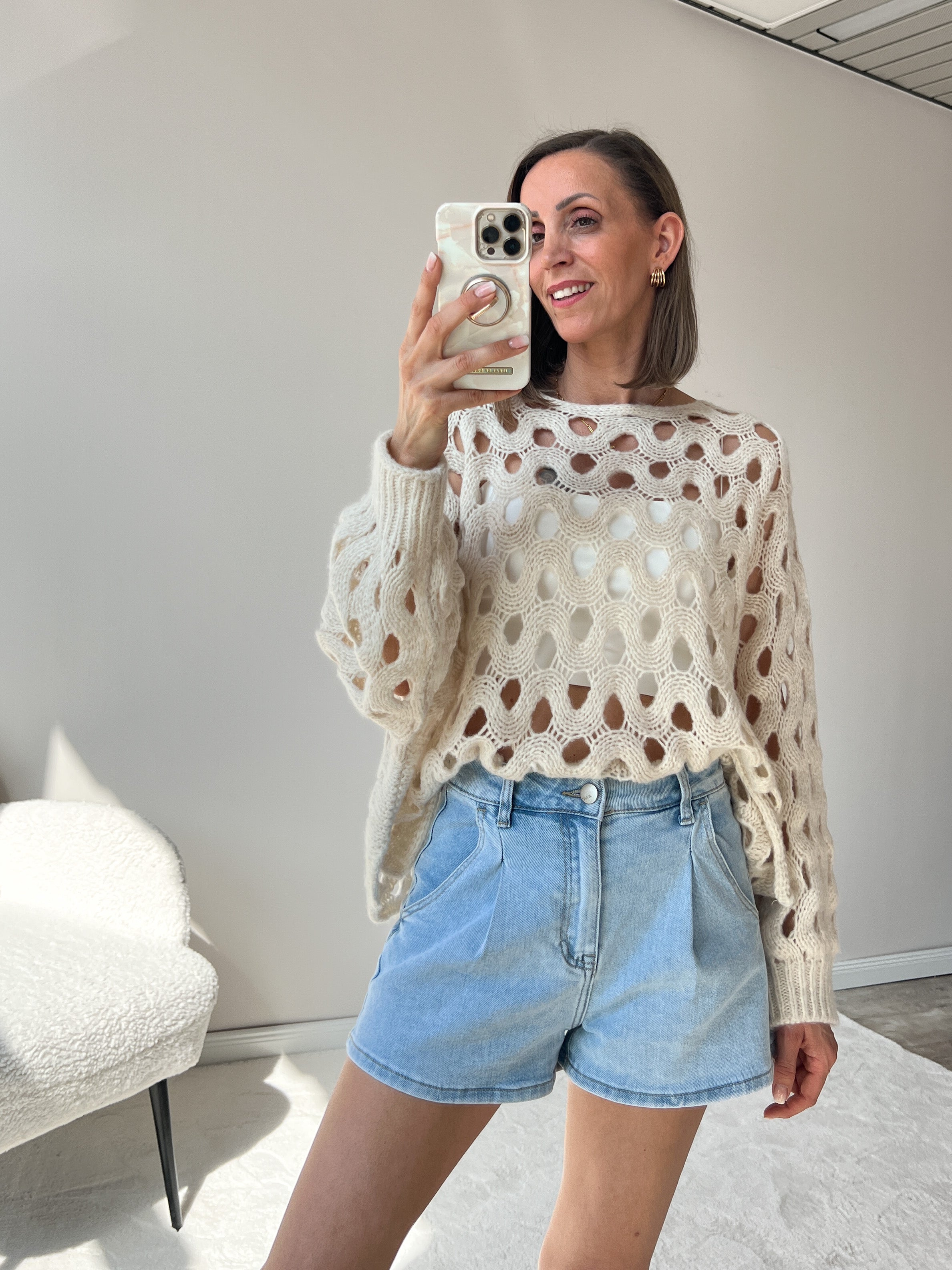 "Ibiza" Boho-Strickpullover mit Lochmuster- beige