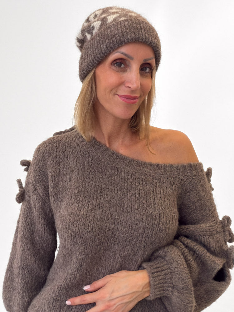 "Lilou Hat" kuschelige Leo Mütze aus Wolle - mocca/creme