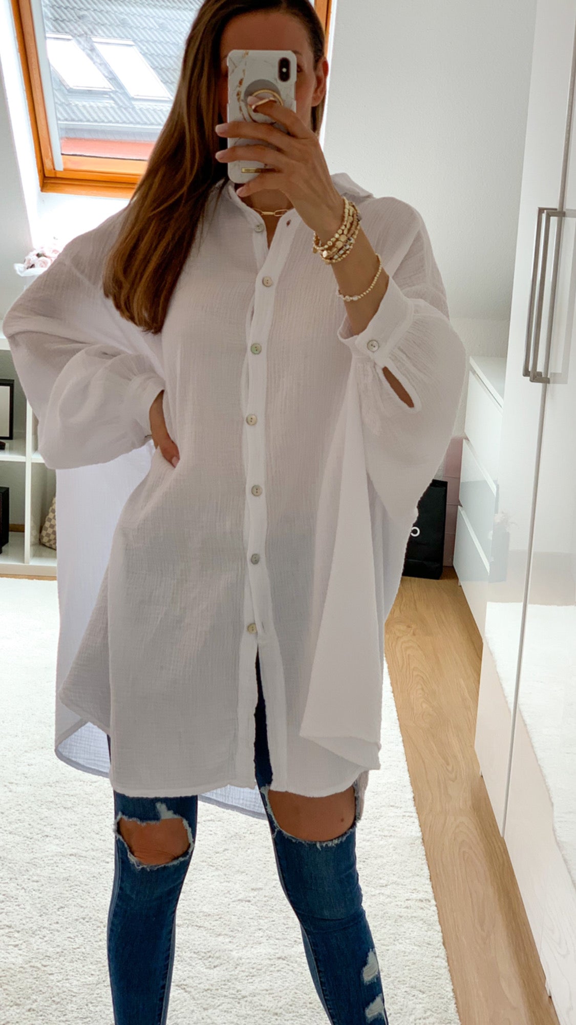 "Musselin Maxi" lange Oversize Bluse aus Baumwolle - weiß