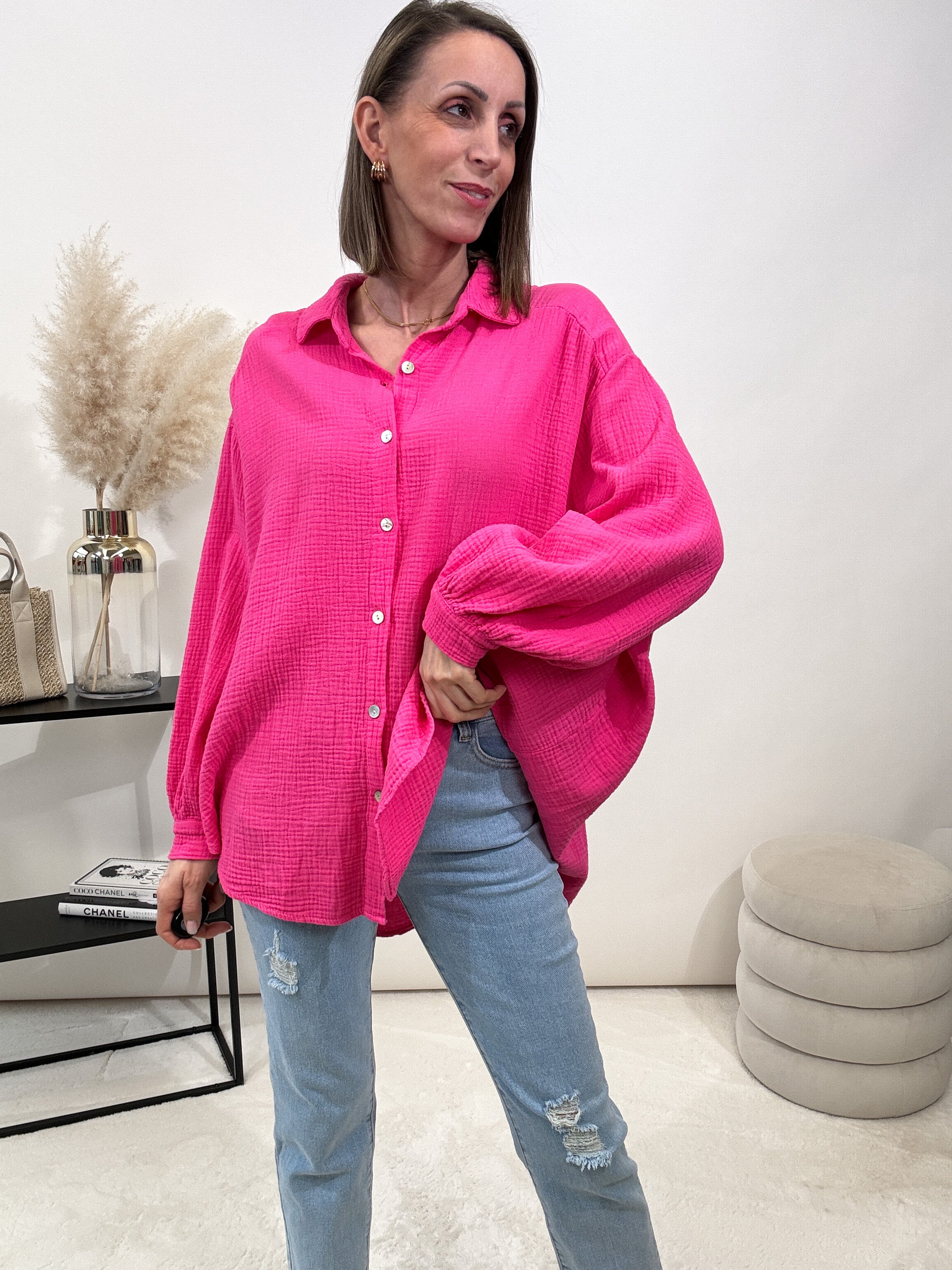 "Waffle Midi" kurze Bluse aus Baumwolle (Musselin)- pink