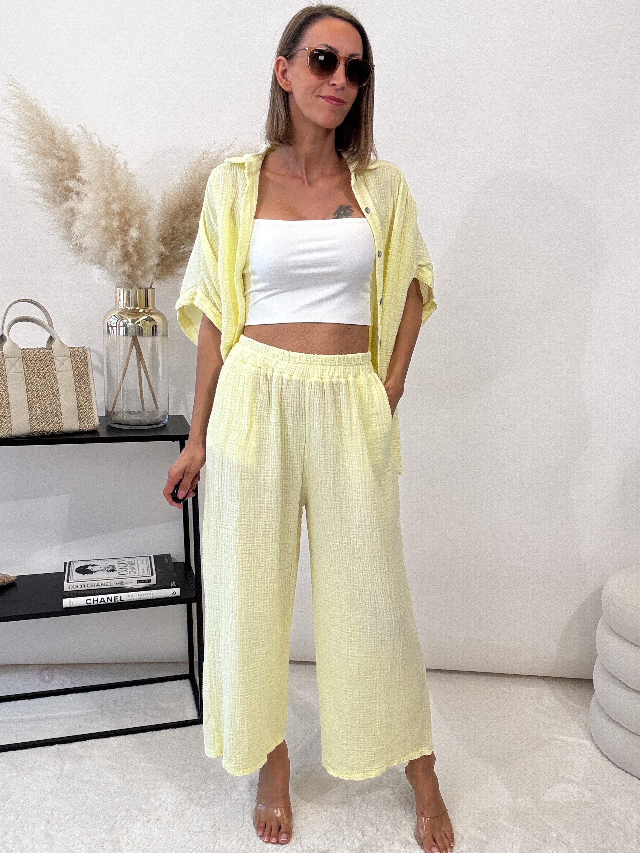 "Waffle Culotte" Hose aus Musselin - hellgelb