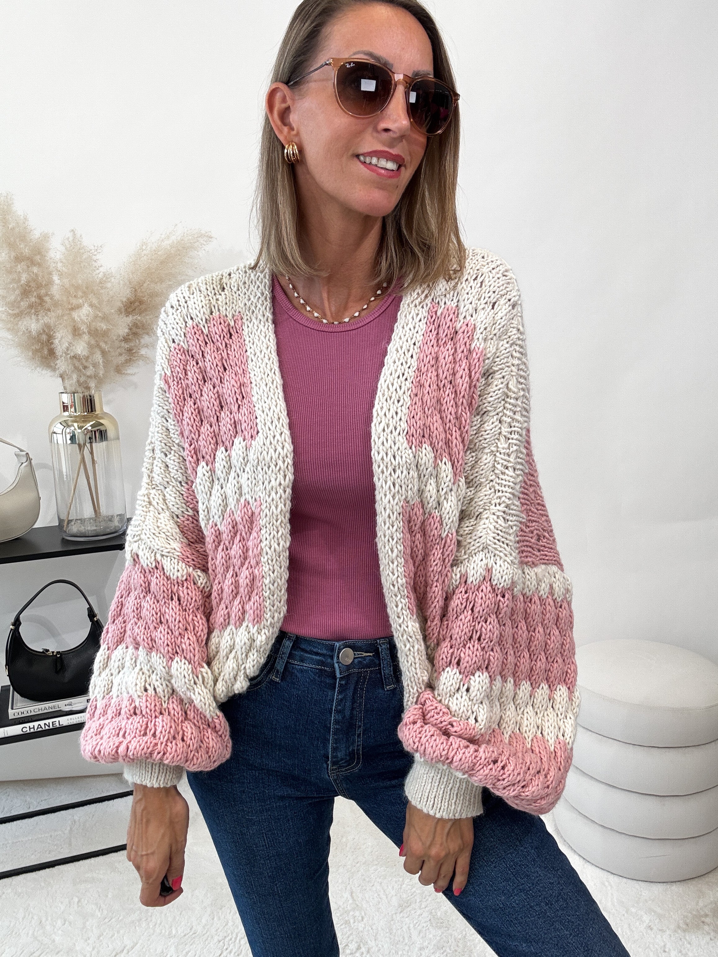 "Harmony" kuscheliger Cardigan - creme/rosa