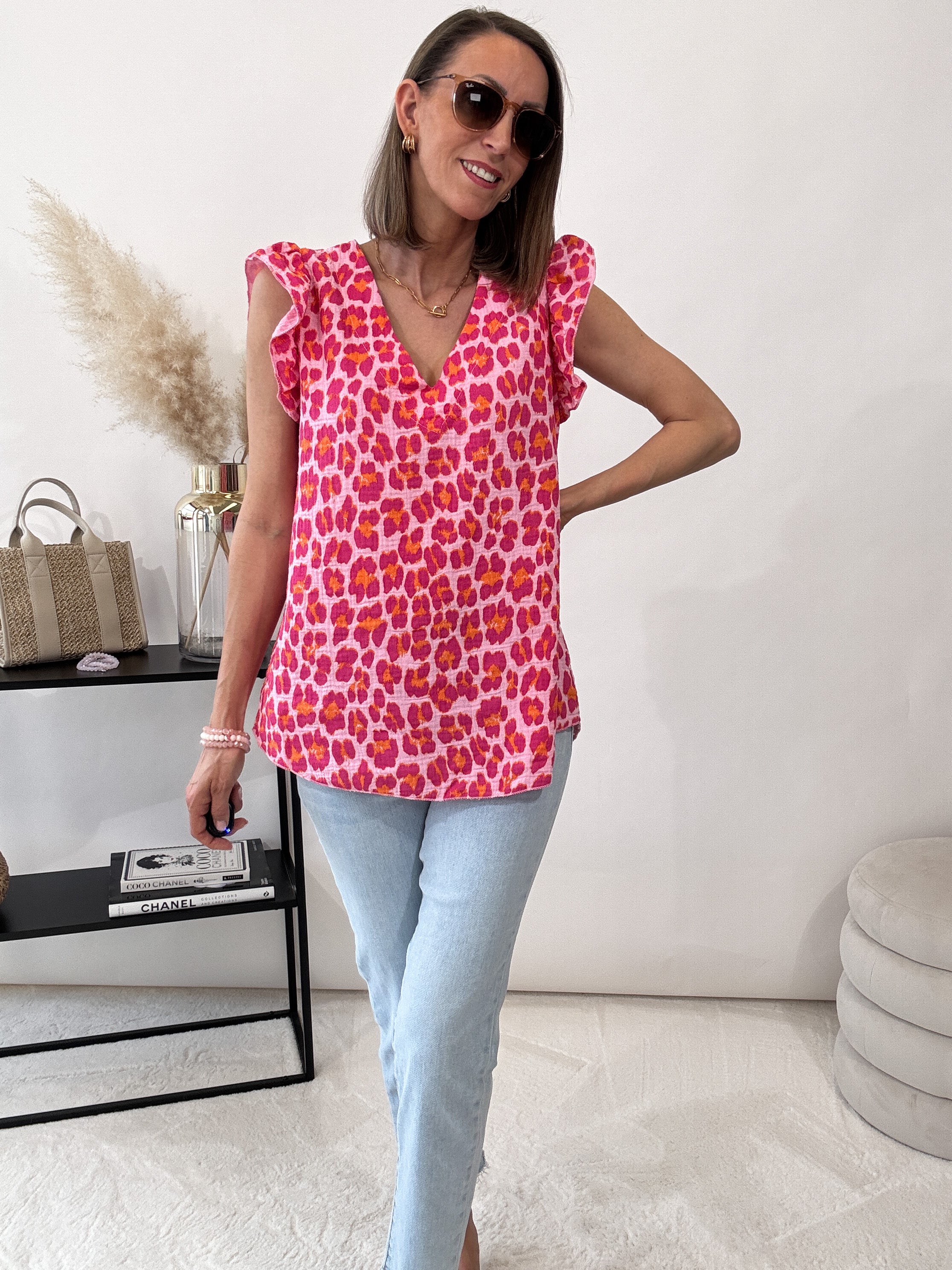 "Waffle" Musselin Top aus Baumwolle - pink/orange