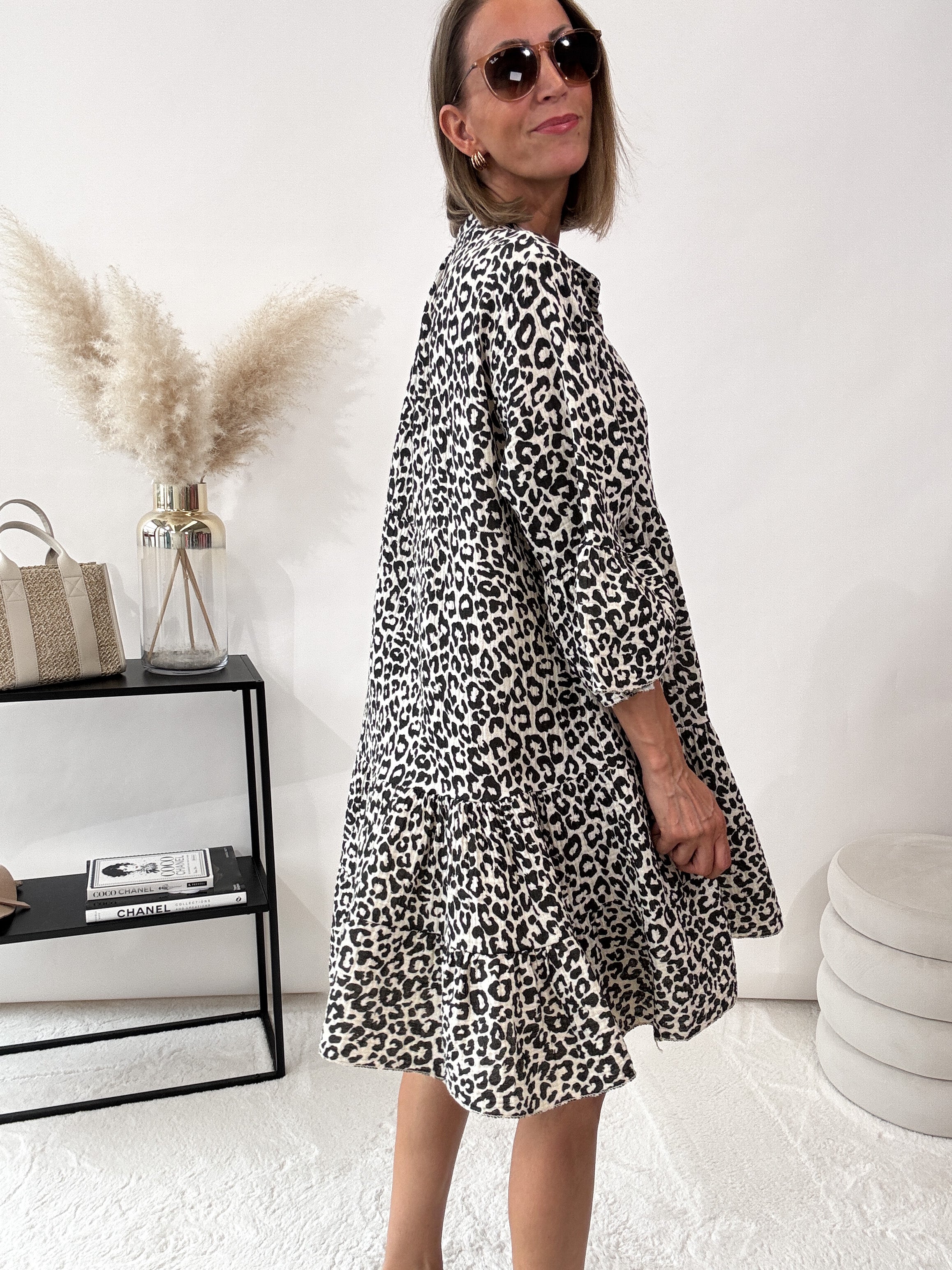 ,,Waffel Leo"- Tunikakleid aus Baumwolle (Musselin) - schwarz/weiß