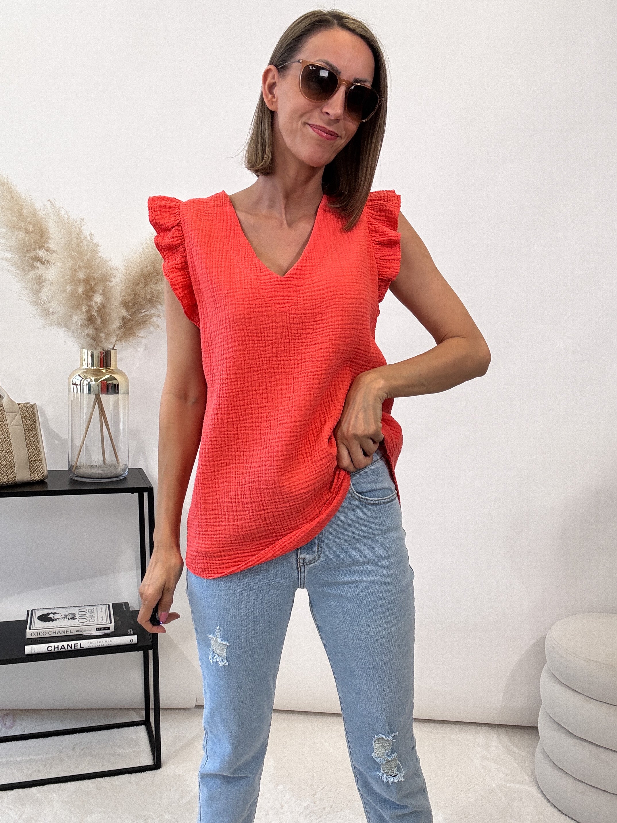 "Waffel" Musselin Top aus Baumwolle - coral