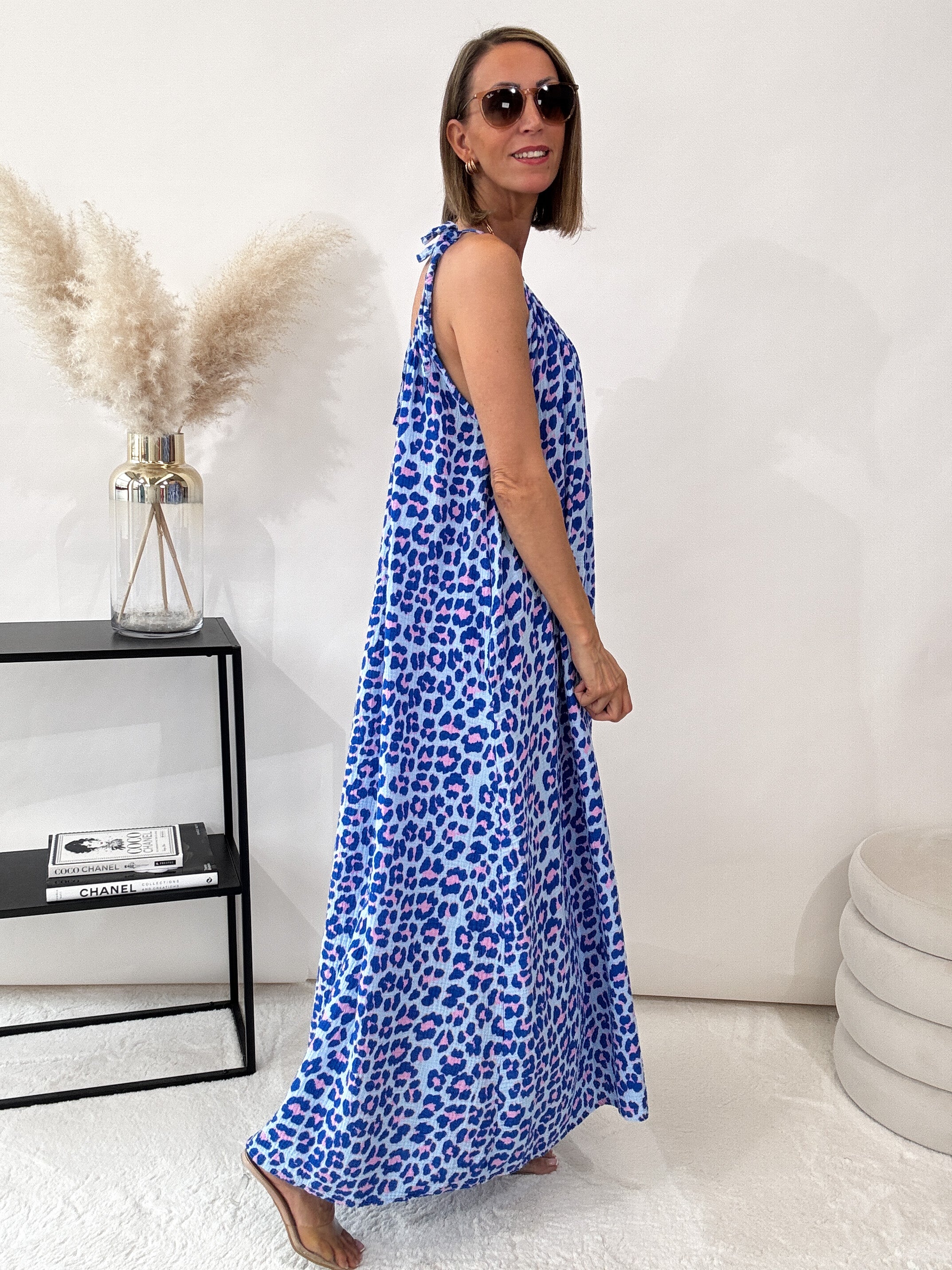 ,,Waffel Leo Dress"- Maxikleid aus Musselin - blau