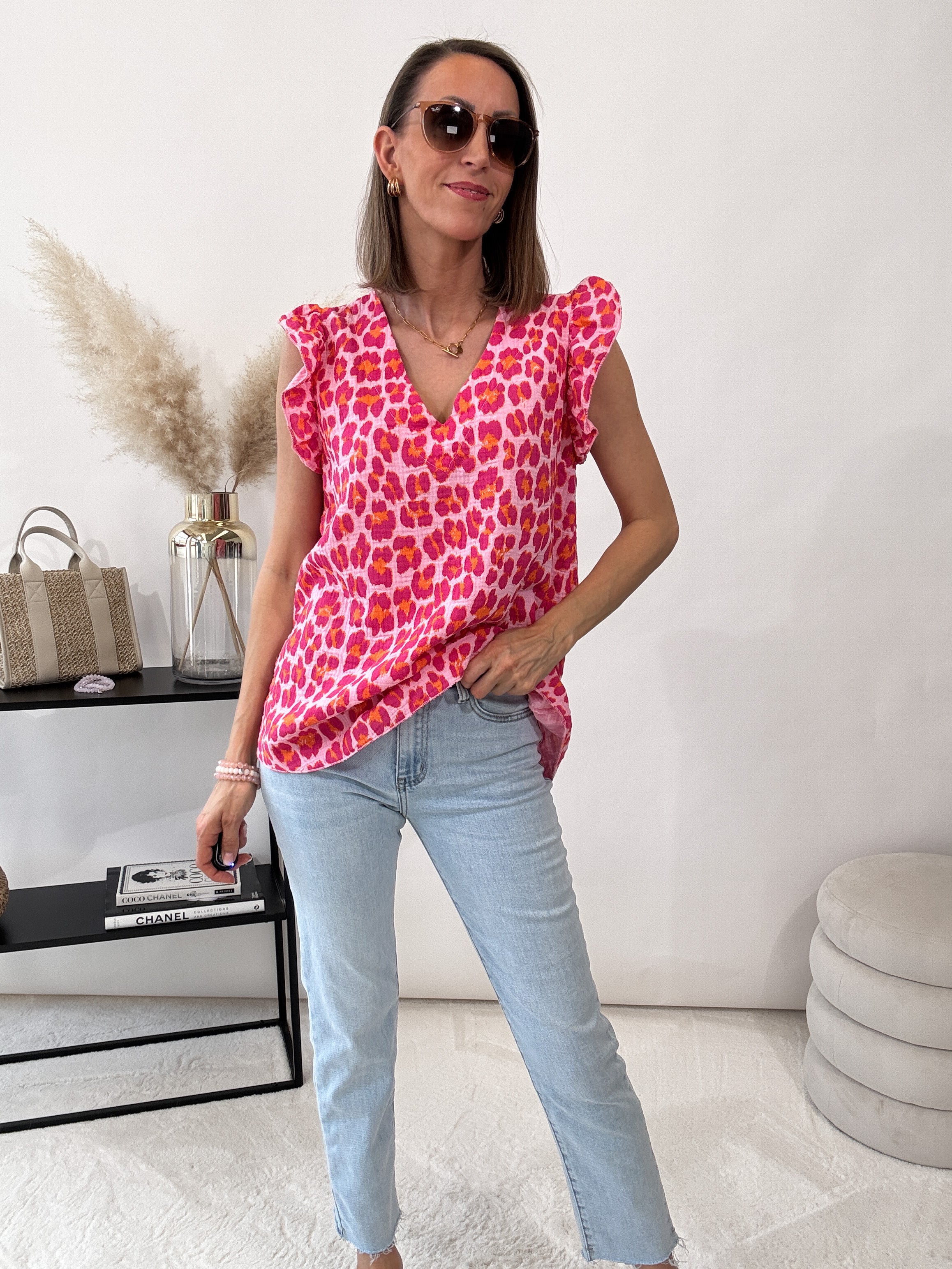 "Waffle Leo" Musselin Top aus Baumwolle - pink/orange