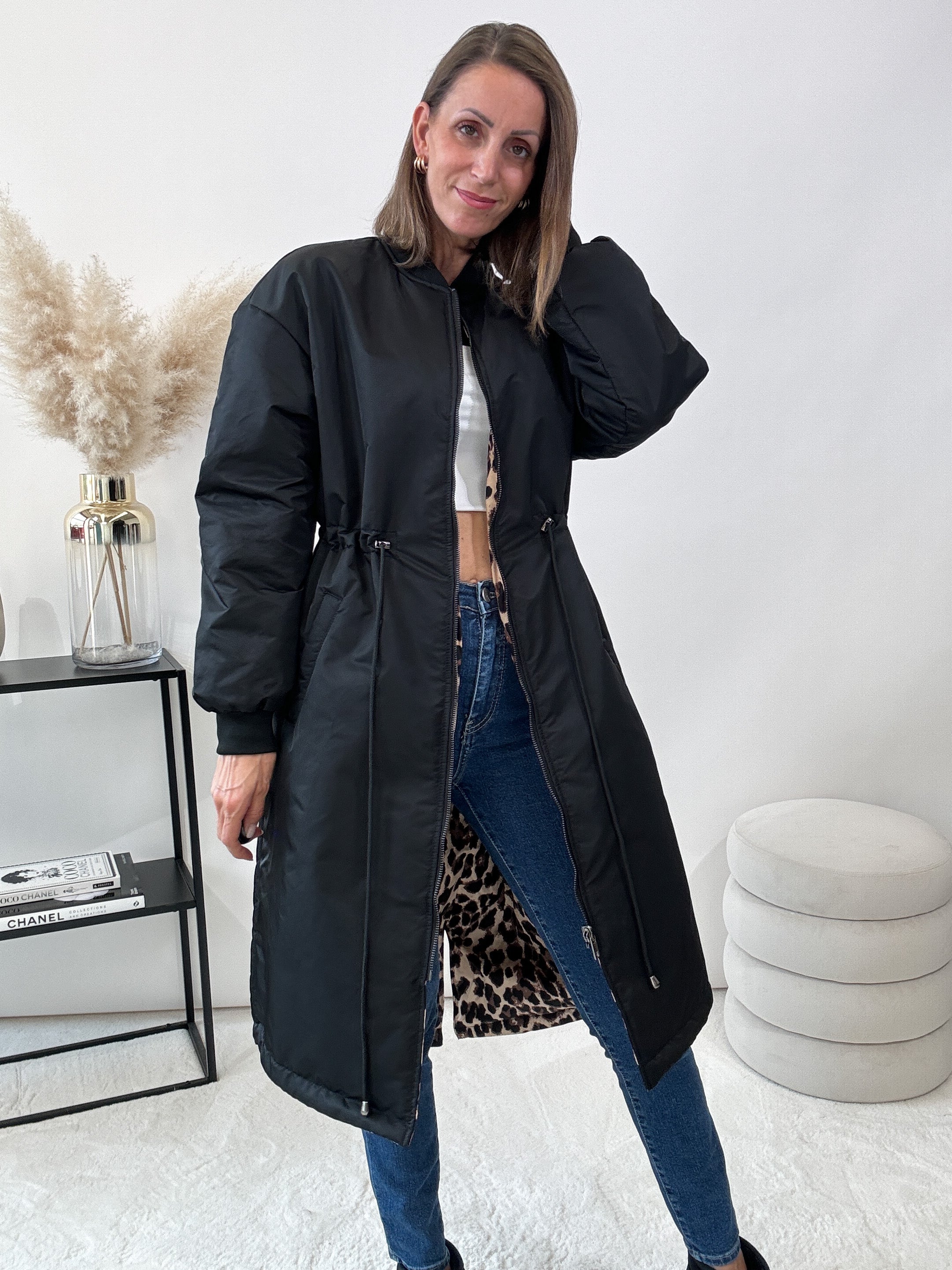 "Pari Reversible" langer Wende-Bombermantel Leo - schwarz