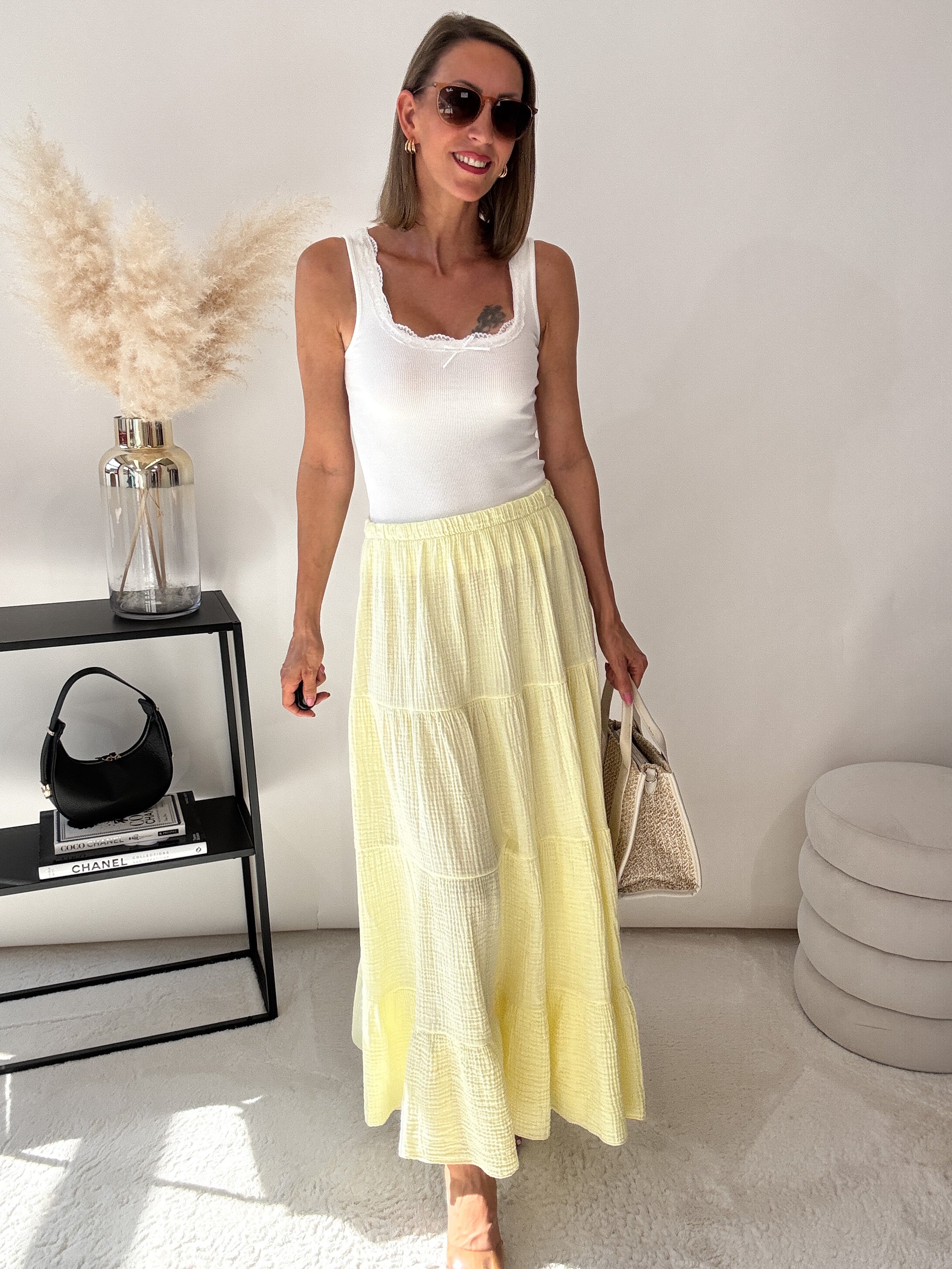 "Waffle Skirt" langer Rock aus Baumwolle (Musselin) - lemon ice