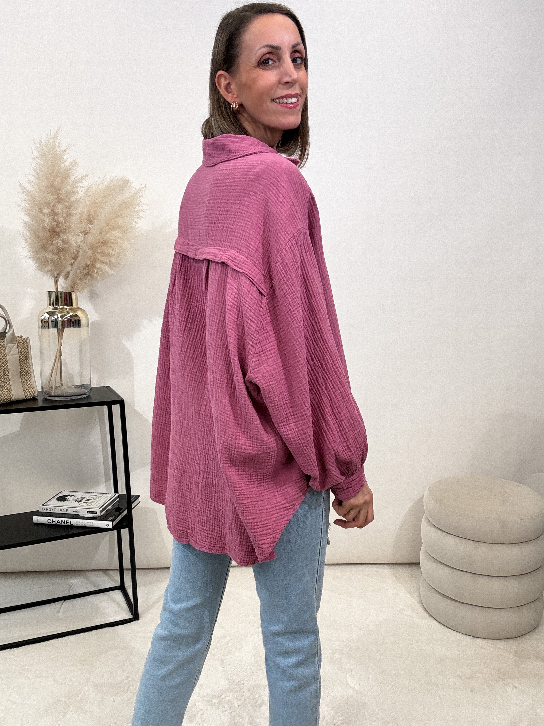 "Waffle Midi" kurze Bluse aus Baumwolle (Musselin)- berry