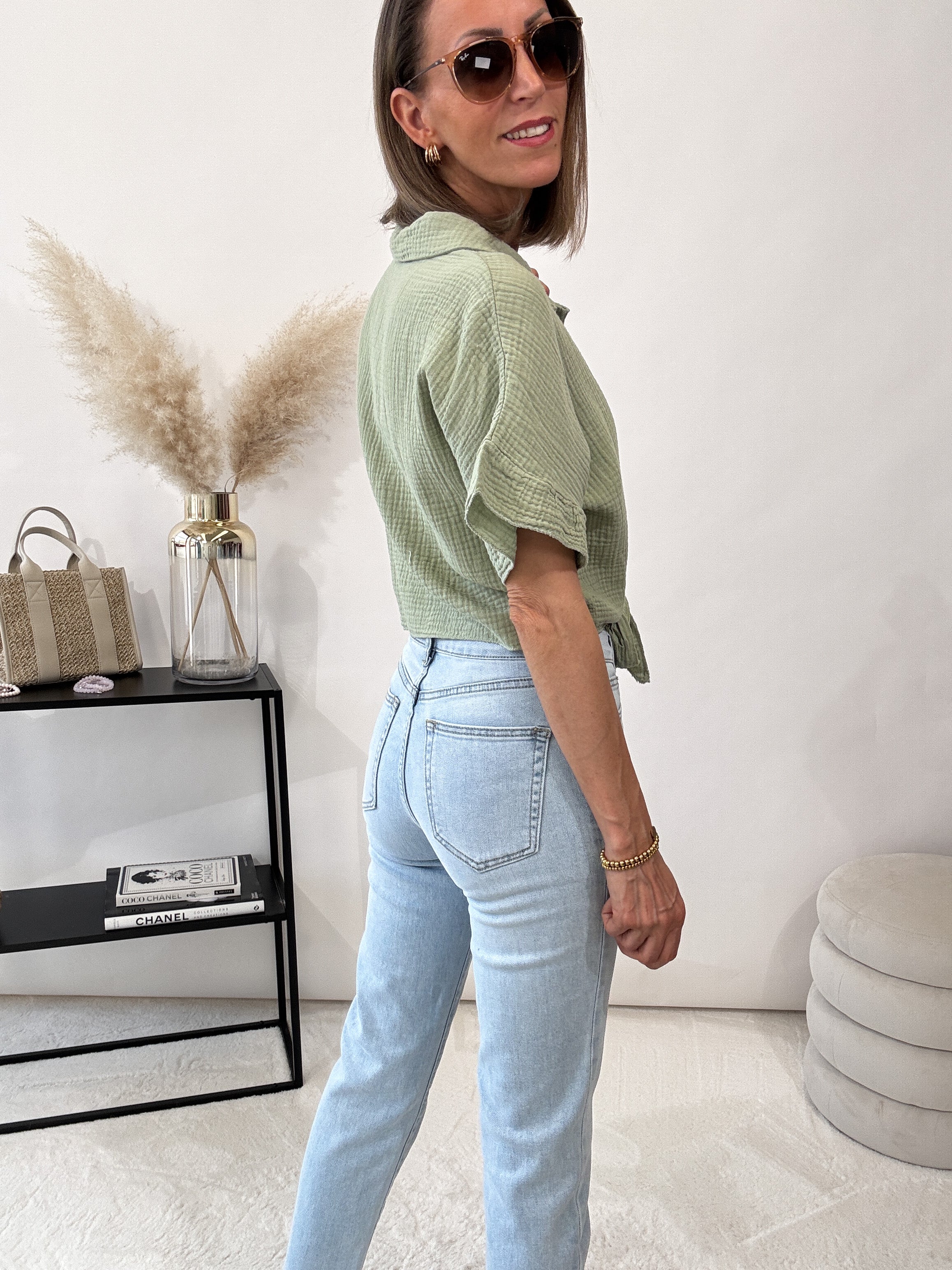 "Musselin" kurze Bluse aus Baumwolle - matcha green